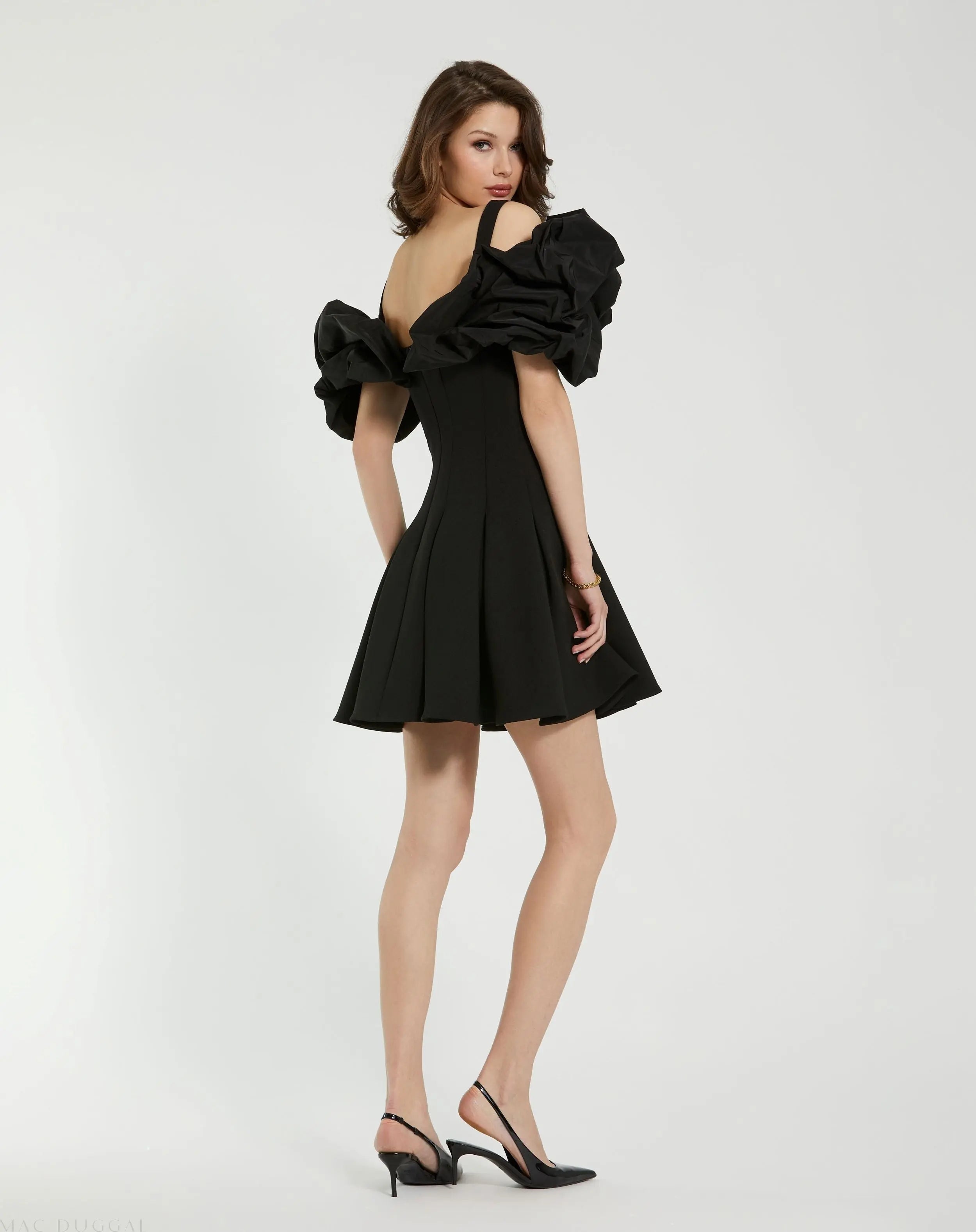 Black Crepe Godet Hem Mini Dress With Faille Ruffle - FINAL SALE-Myartka