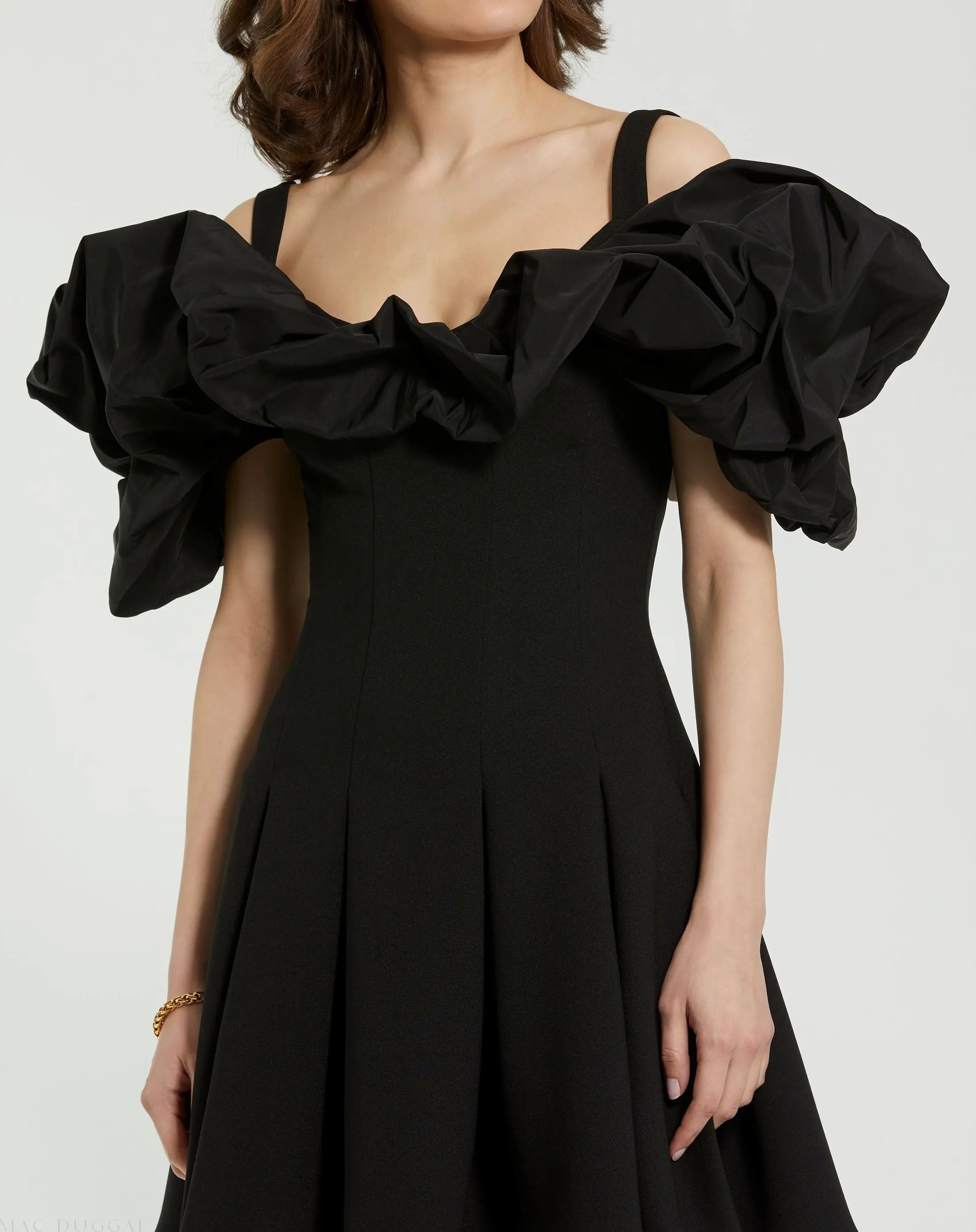 Black Crepe Godet Hem Mini Dress With Faille Ruffle - FINAL SALE-Myartka
