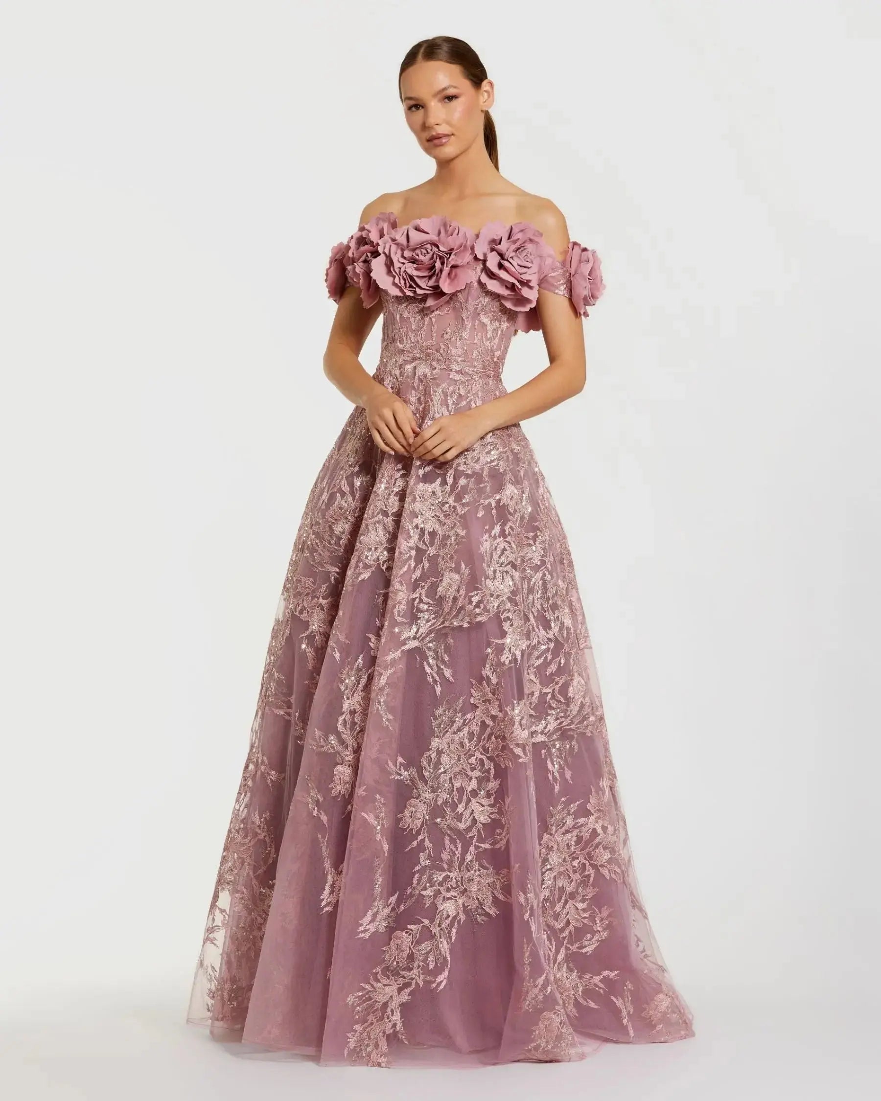 Purple Off The Shoulder 3D Floral Embroidered A-Line Gown-Myartka