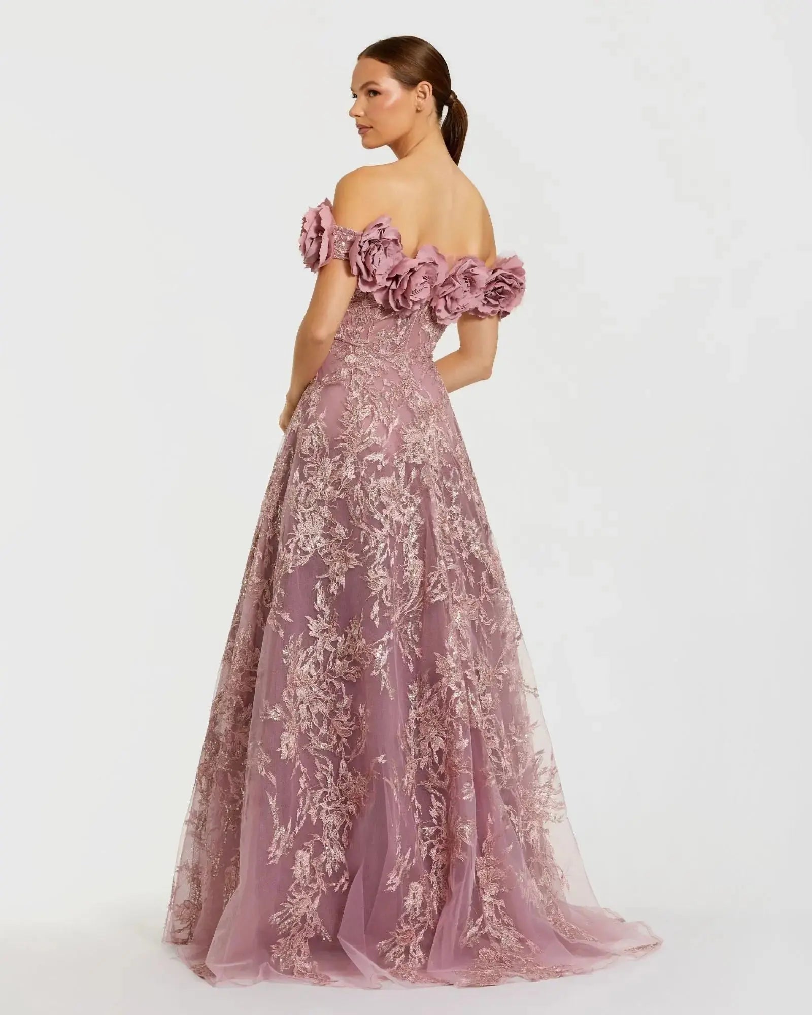 Purple Off The Shoulder 3D Floral Embroidered A-Line Gown-Myartka
