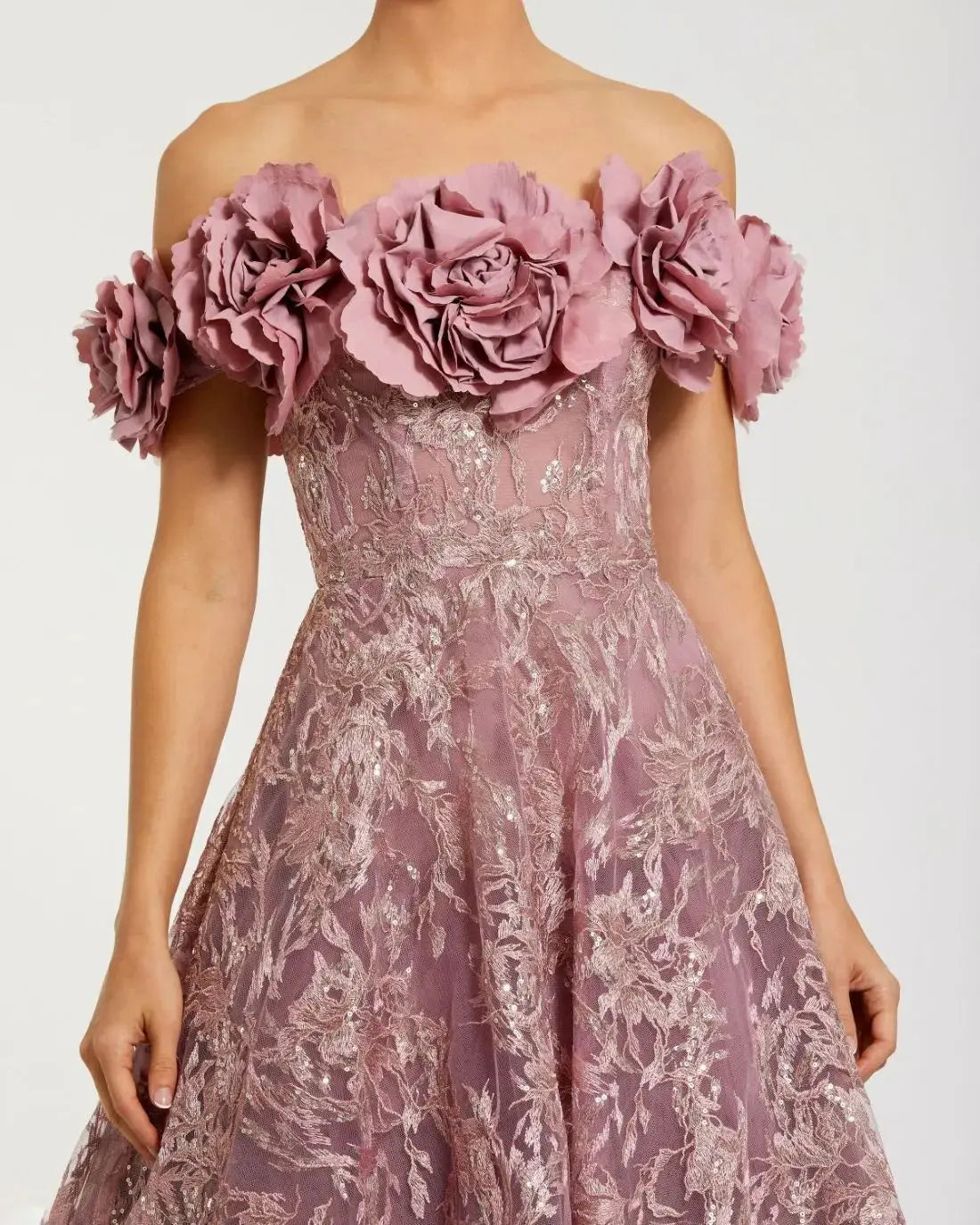 Purple Off The Shoulder 3D Floral Embroidered A-Line Gown-Myartka