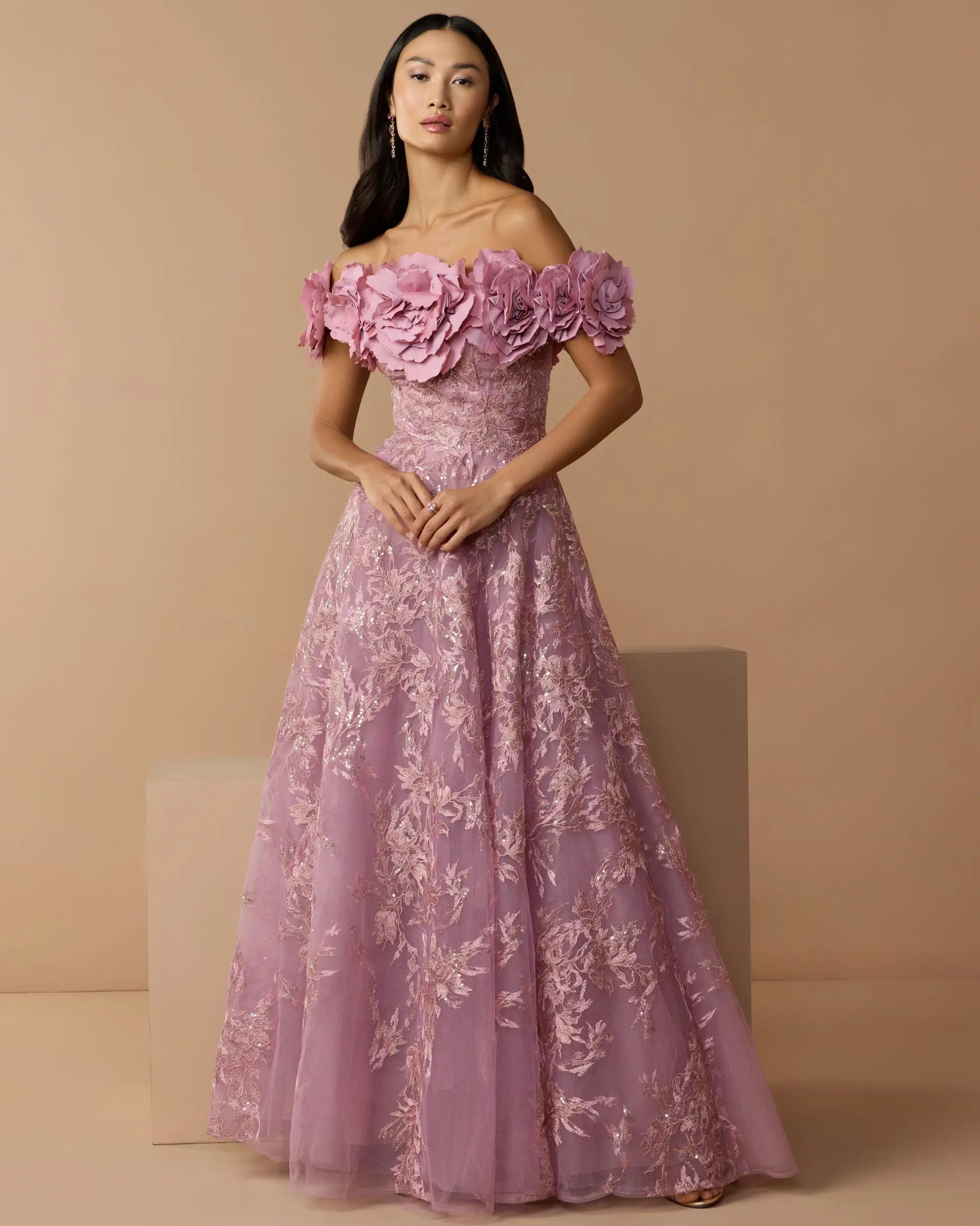 Purple Off The Shoulder 3D Floral Embroidered A-Line Gown-Myartka