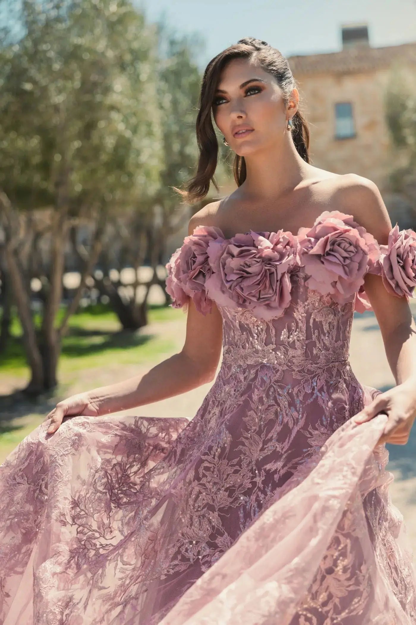 Purple Off The Shoulder 3D Floral Embroidered A-Line Gown-Myartka