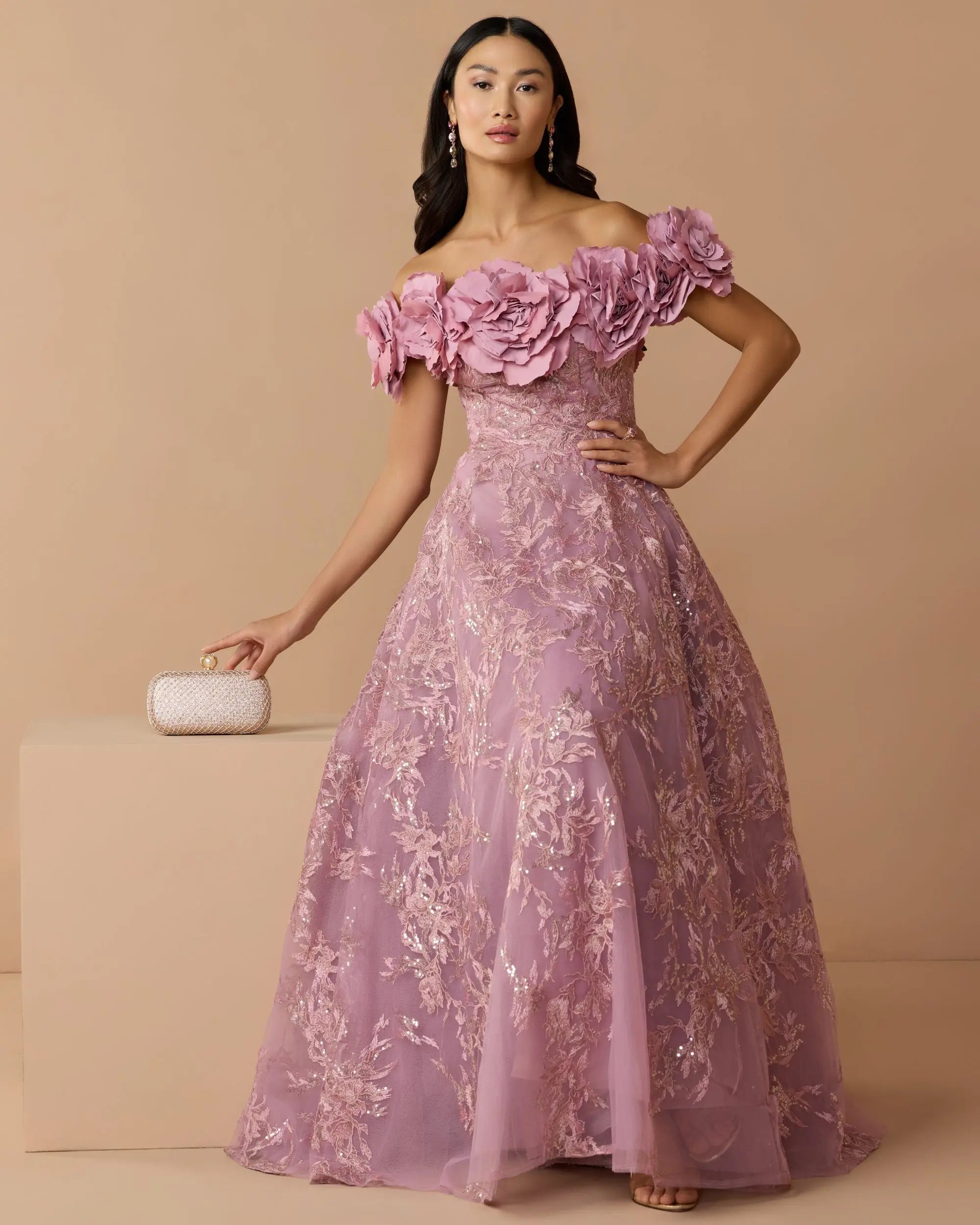Purple Off The Shoulder 3D Floral Embroidered A-Line Gown-Myartka