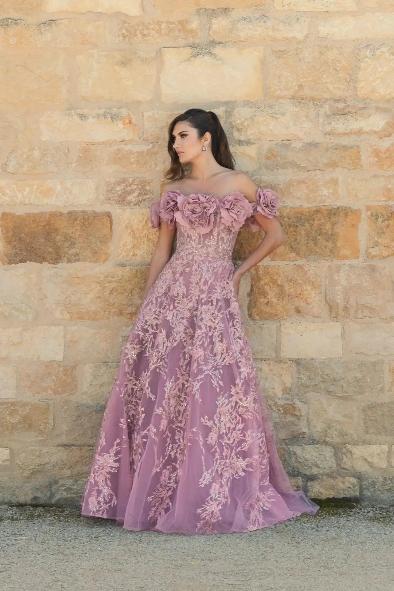 Purple Off The Shoulder 3D Floral Embroidered A-Line Gown-Myartka