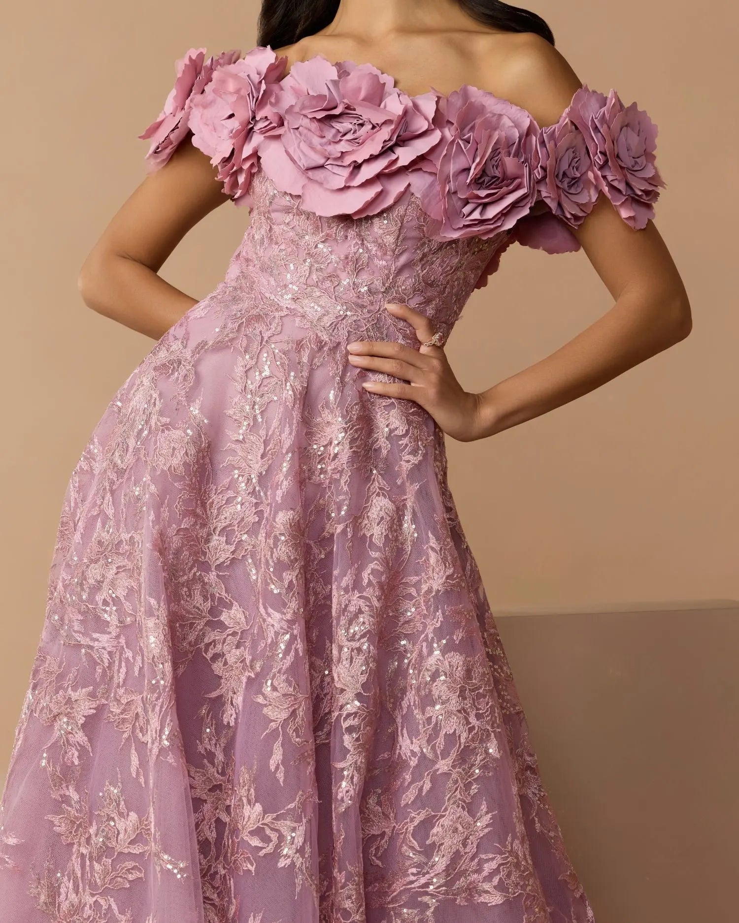 Purple Off The Shoulder 3D Floral Embroidered A-Line Gown-Myartka