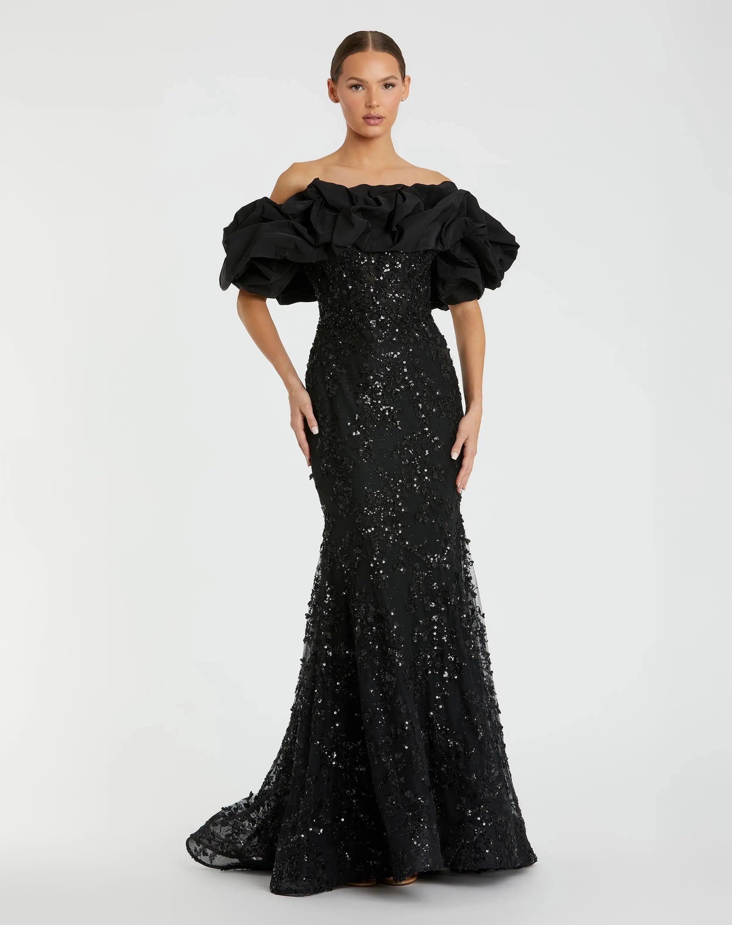 Black Embellished Mermaid Gown With Off The Shoulder Ruffle-Myartka