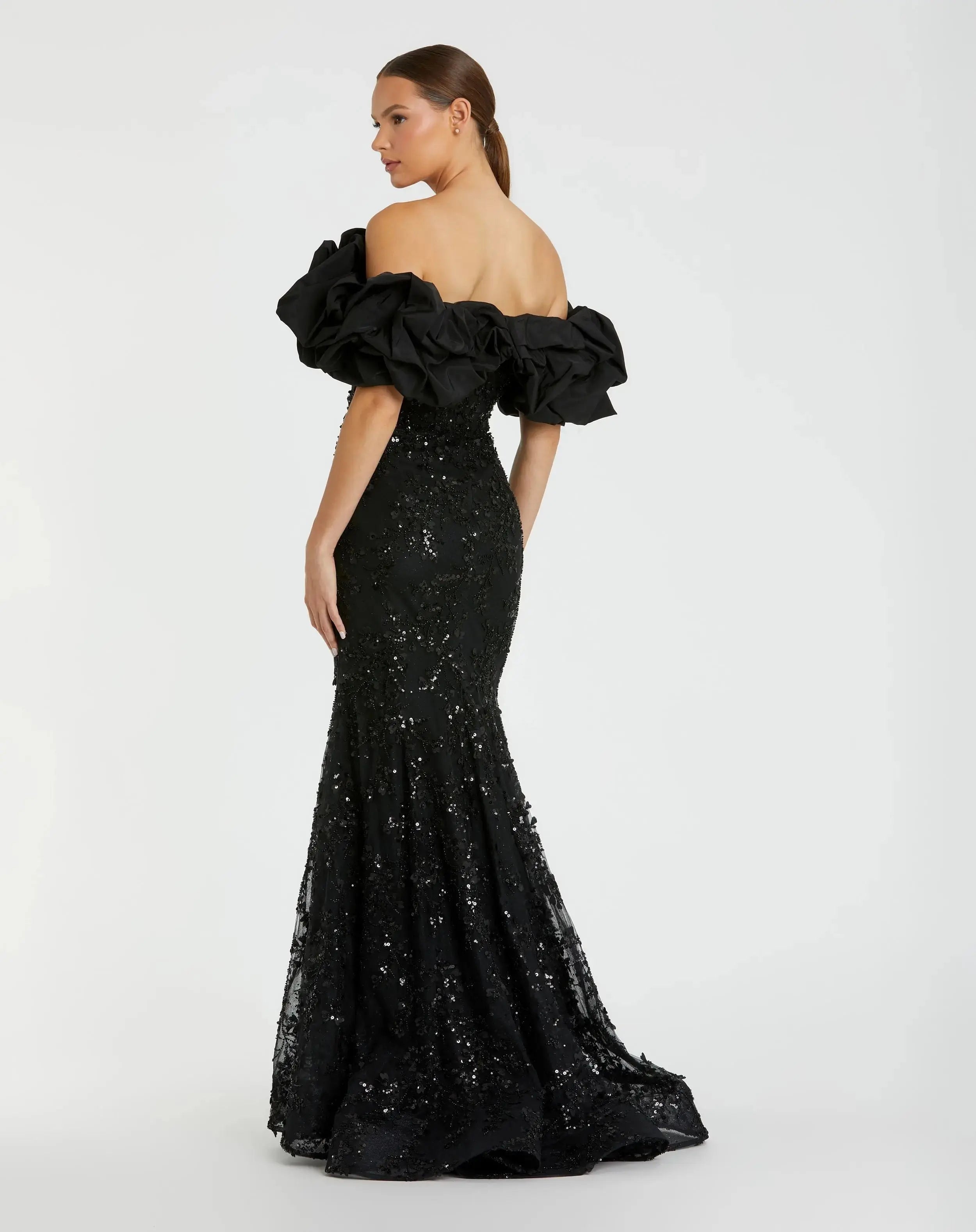 Black Embellished Mermaid Gown With Off The Shoulder Ruffle-Myartka