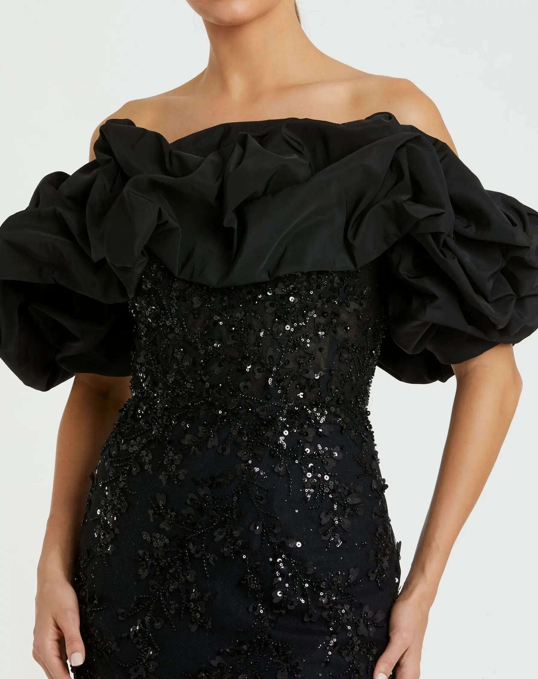 Black Embellished Mermaid Gown With Off The Shoulder Ruffle-Myartka