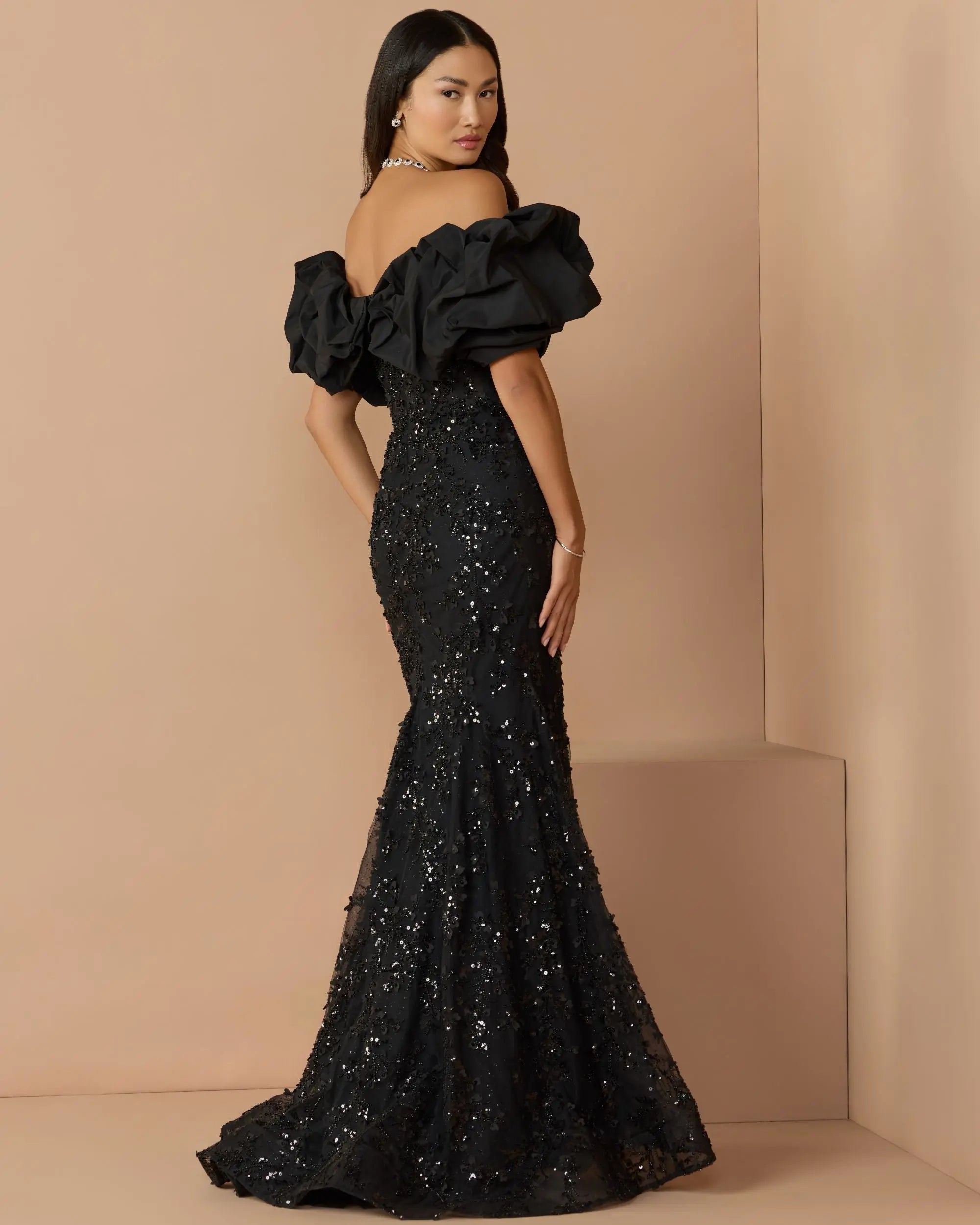 Black Embellished Mermaid Gown With Off The Shoulder Ruffle-Myartka