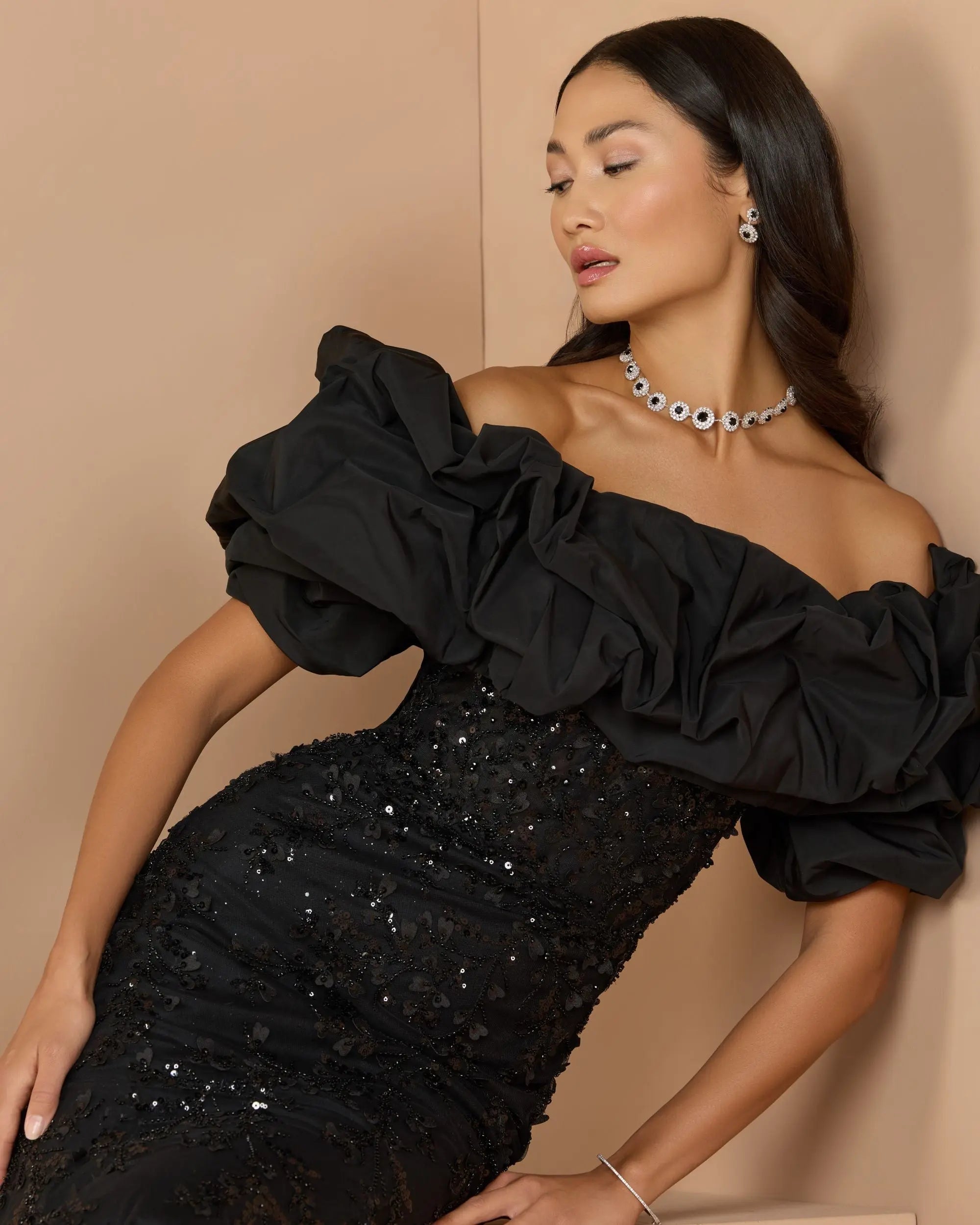 Black Embellished Mermaid Gown With Off The Shoulder Ruffle-Myartka