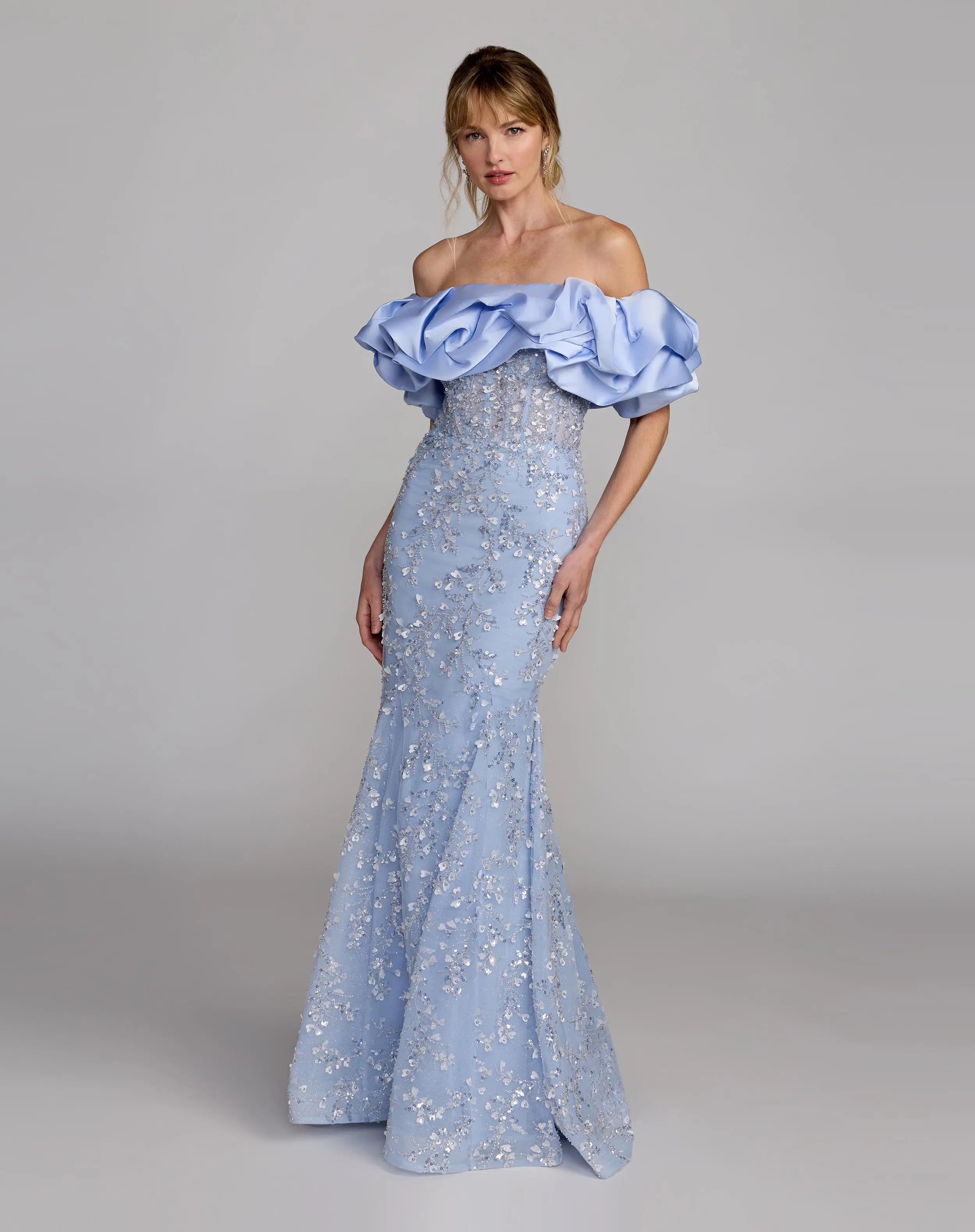 Blue Embellished Mermaid Gown With Off The Shoulder Ruffle-Myartka