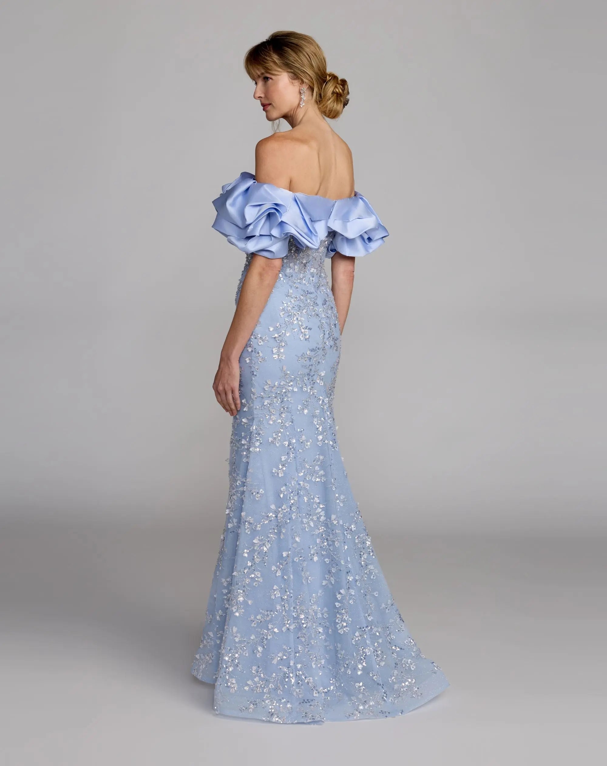 Blue Embellished Mermaid Gown With Off The Shoulder Ruffle-Myartka