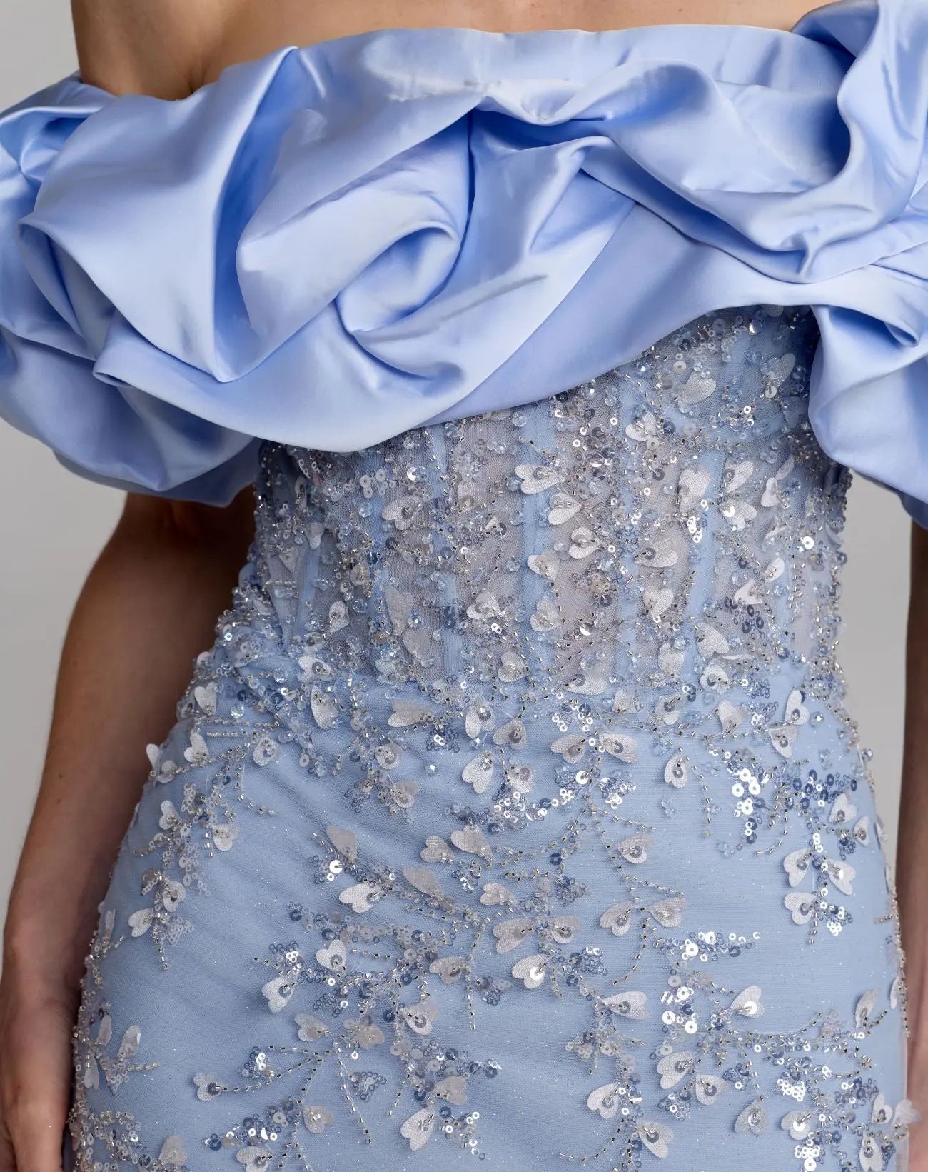 Blue Embellished Mermaid Gown With Off The Shoulder Ruffle-Myartka