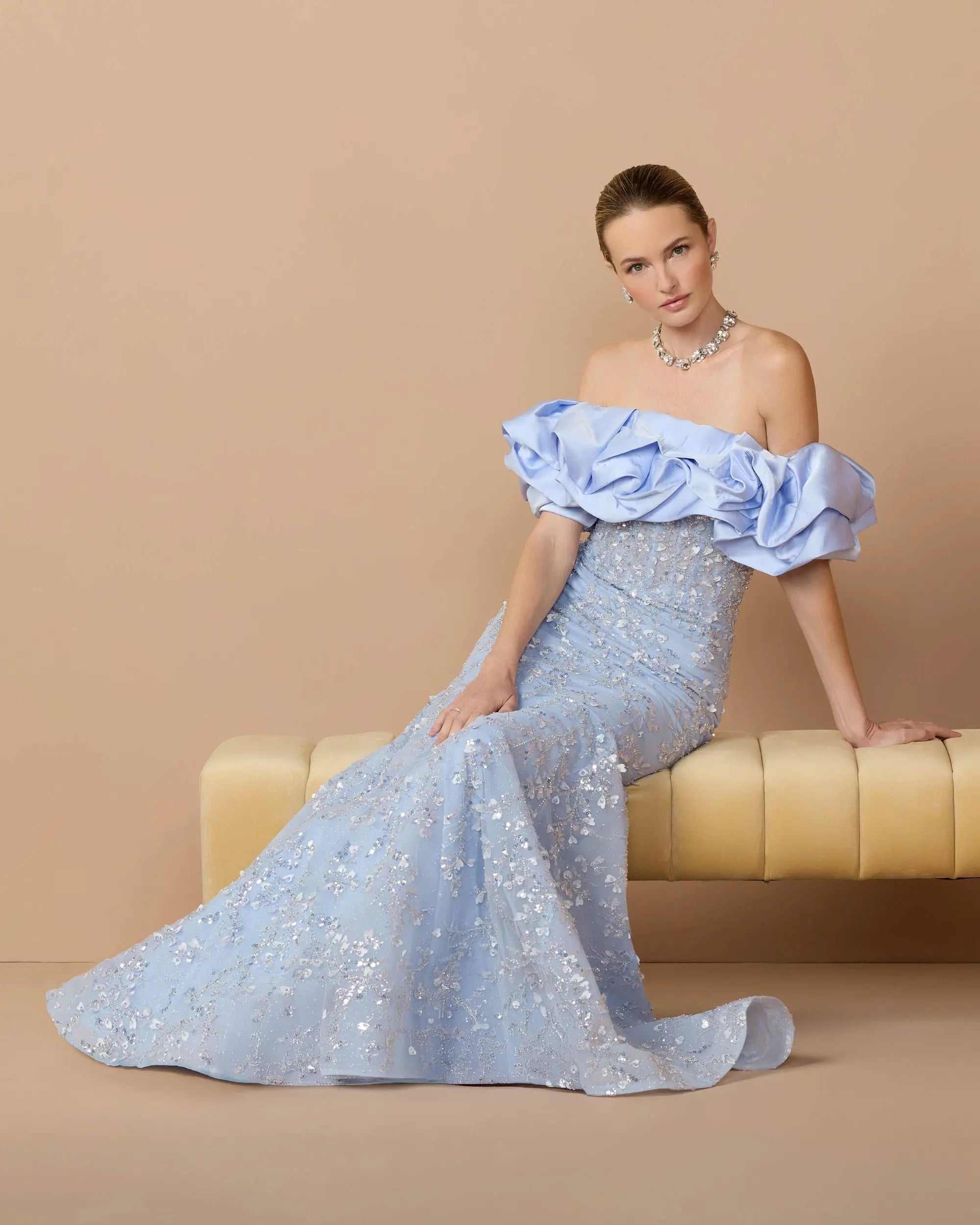 Blue Embellished Mermaid Gown With Off The Shoulder Ruffle-Myartka