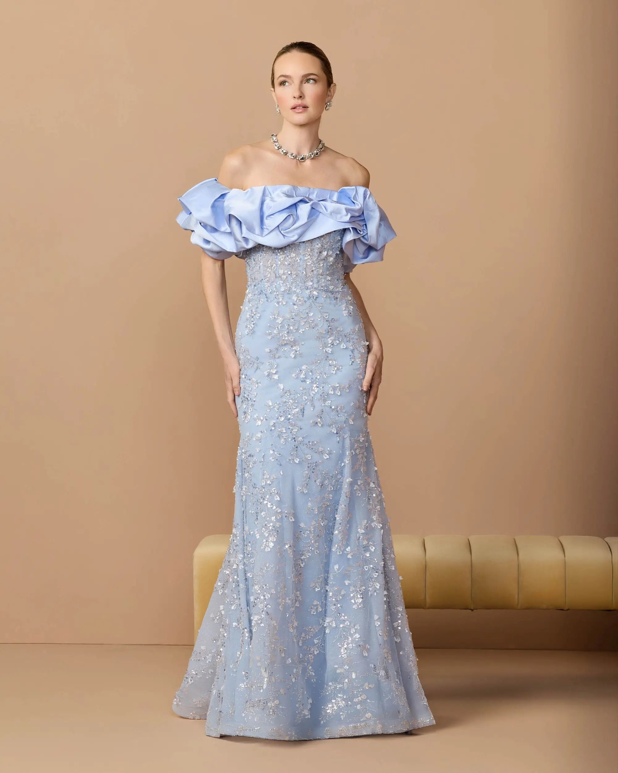 Blue Embellished Mermaid Gown With Off The Shoulder Ruffle-Myartka