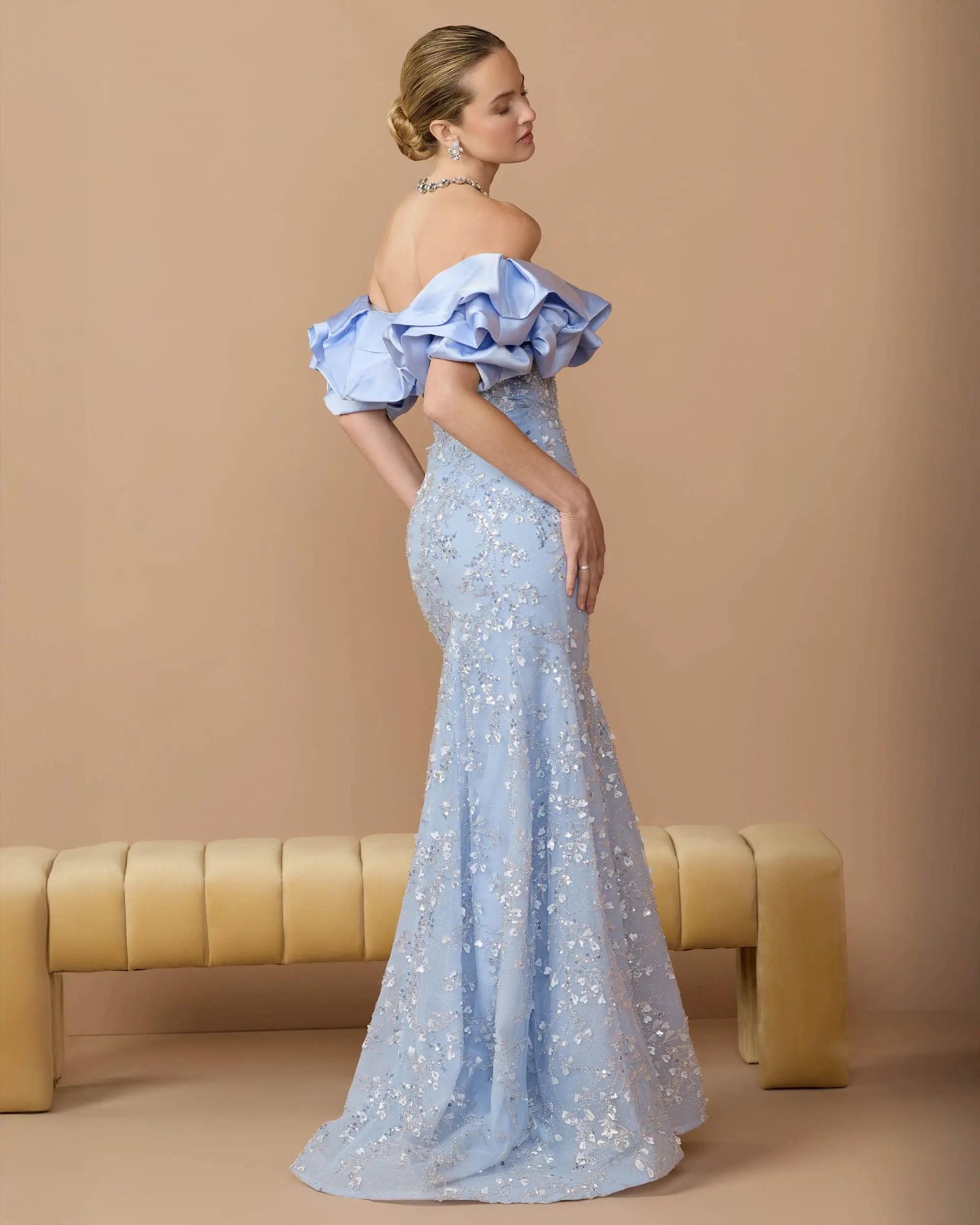 Blue Embellished Mermaid Gown With Off The Shoulder Ruffle-Myartka