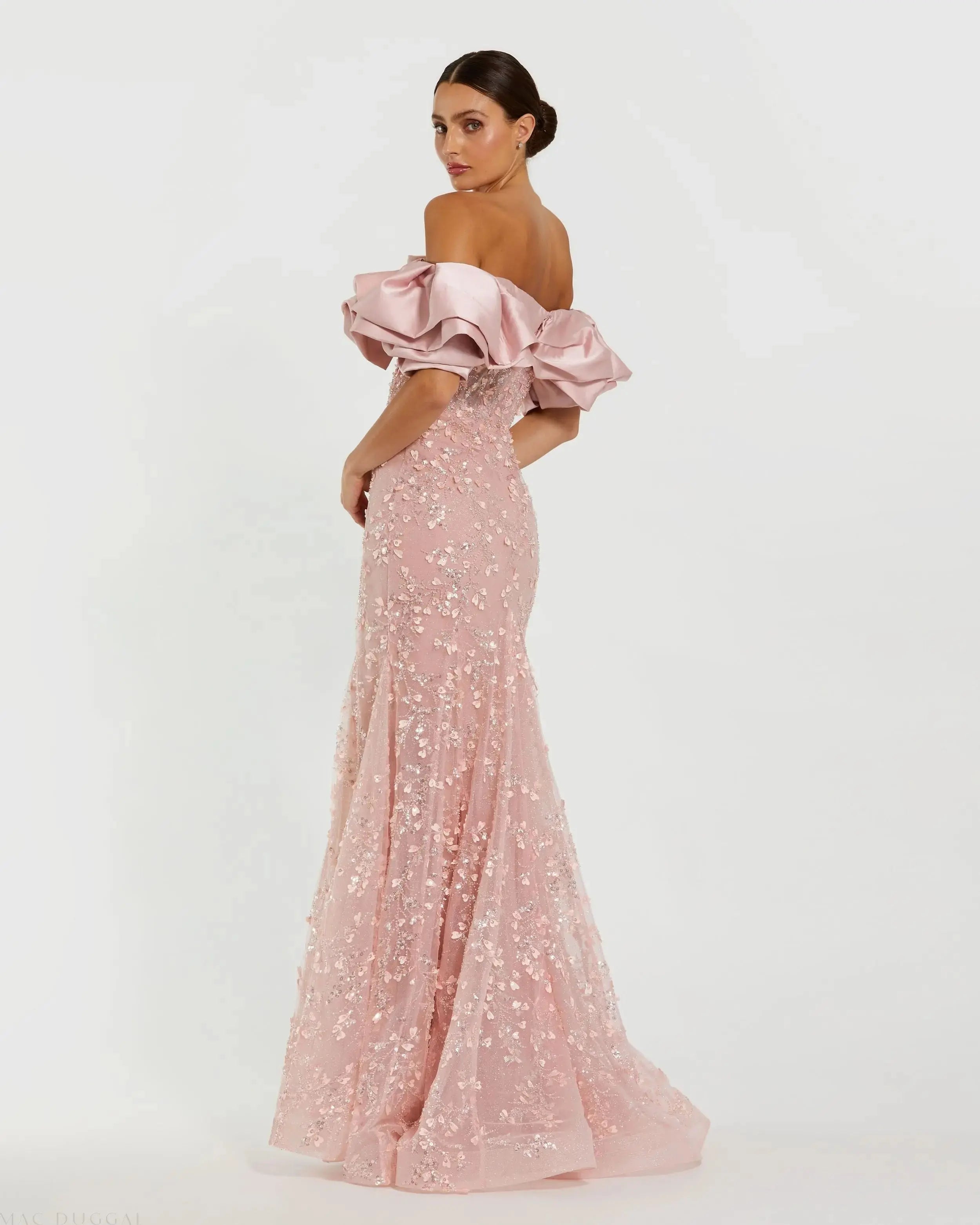 Pink Embellished Mermaid Gown With Off The Shoulder Ruffle-Myartka