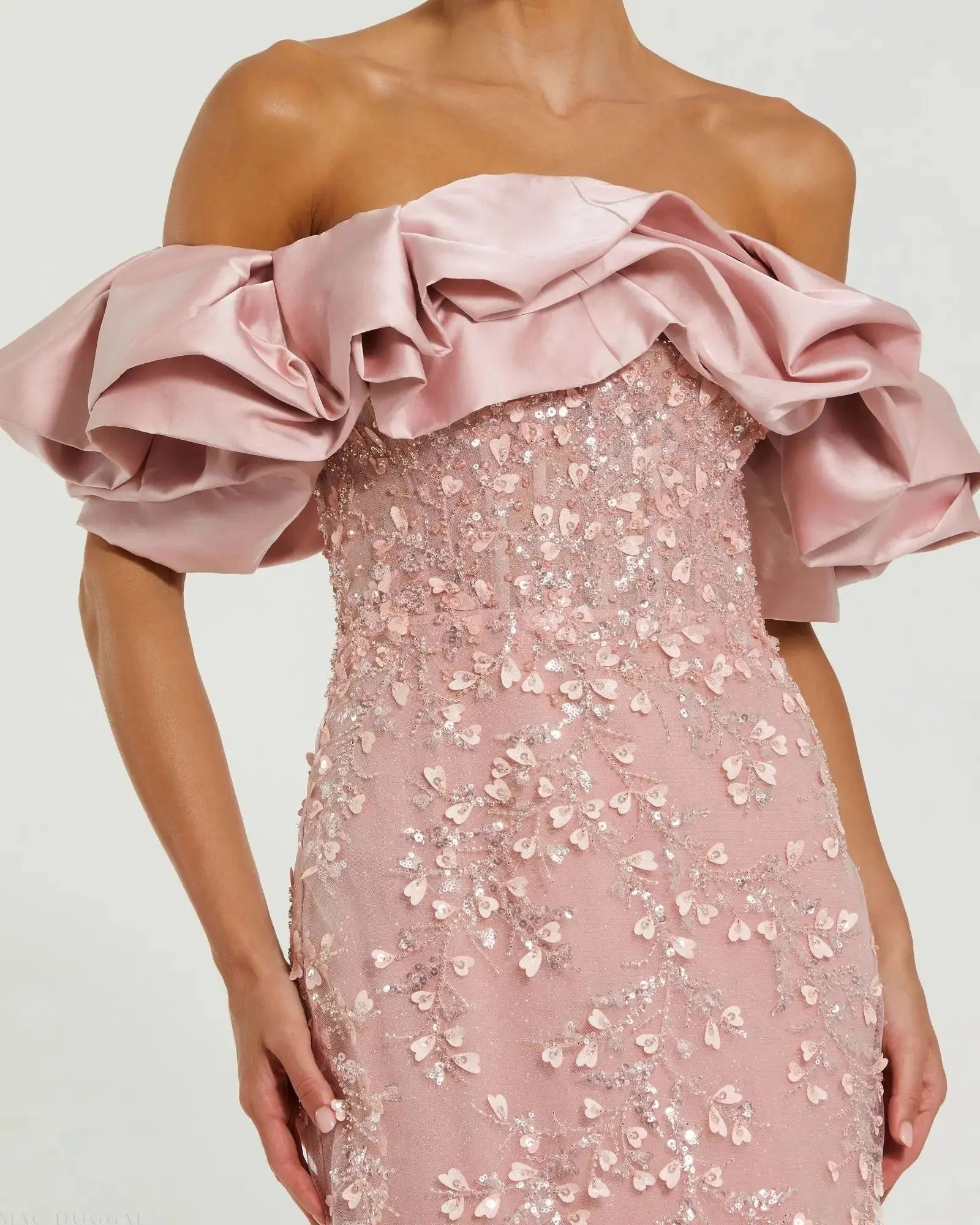 Pink Embellished Mermaid Gown With Off The Shoulder Ruffle-Myartka