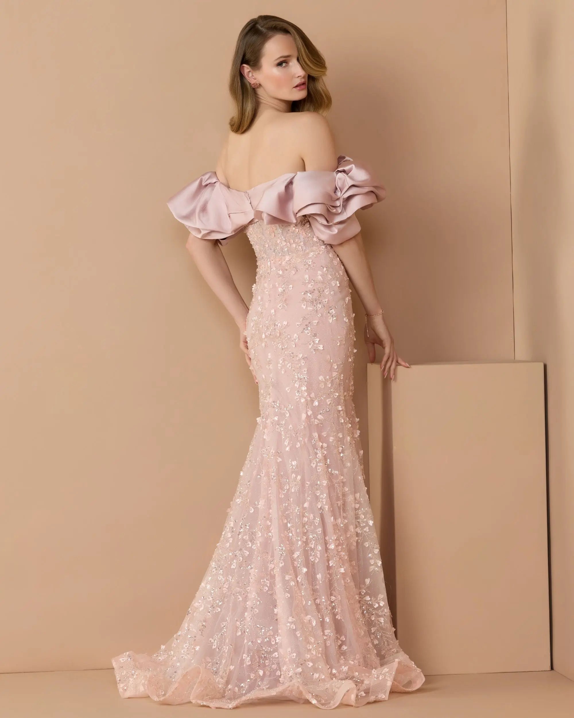 Pink Embellished Mermaid Gown With Off The Shoulder Ruffle-Myartka