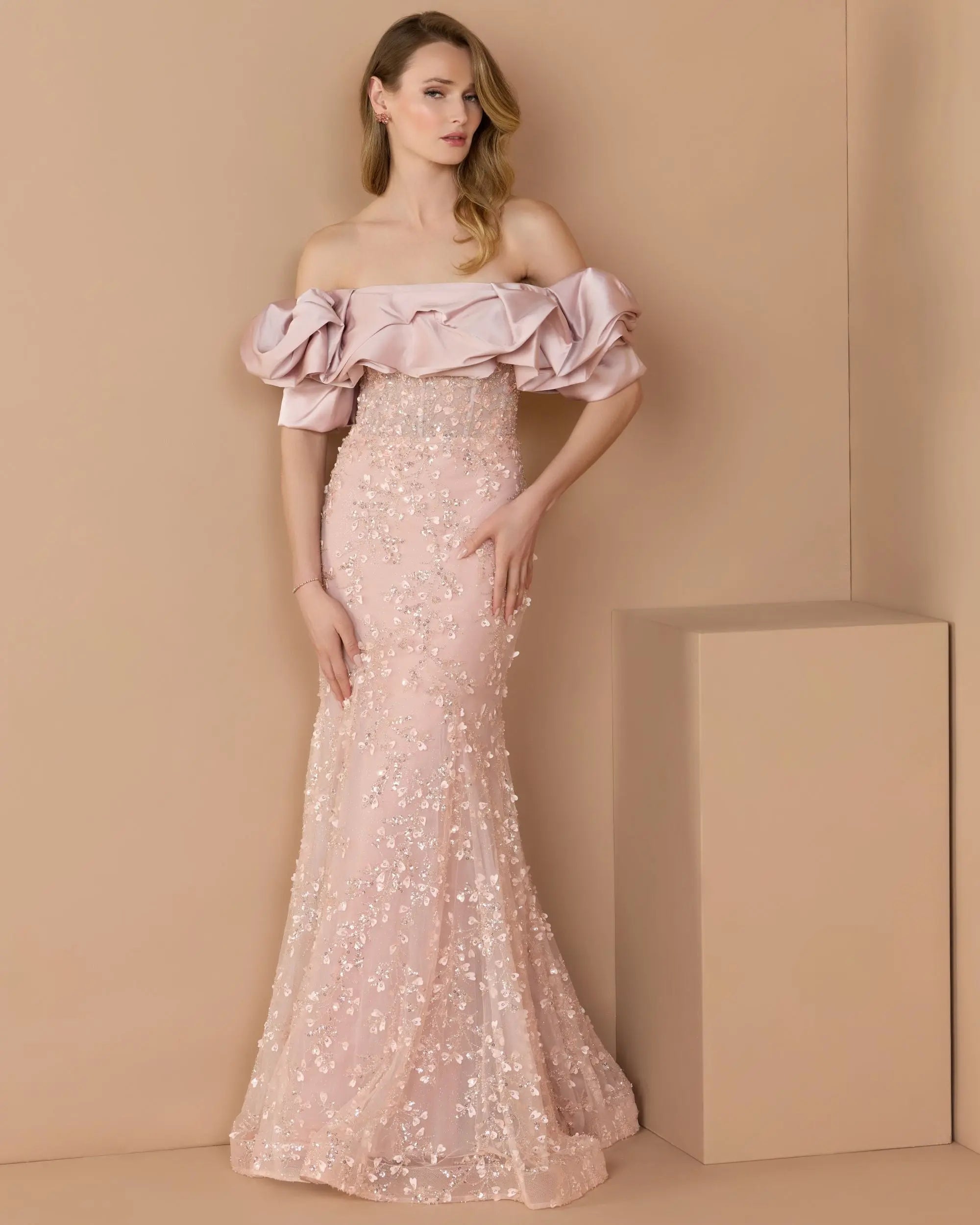 Pink Embellished Mermaid Gown With Off The Shoulder Ruffle-Myartka