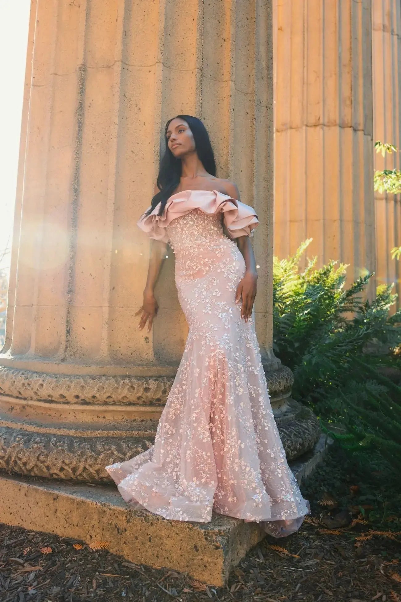 Pink Embellished Mermaid Gown With Off The Shoulder Ruffle-Myartka