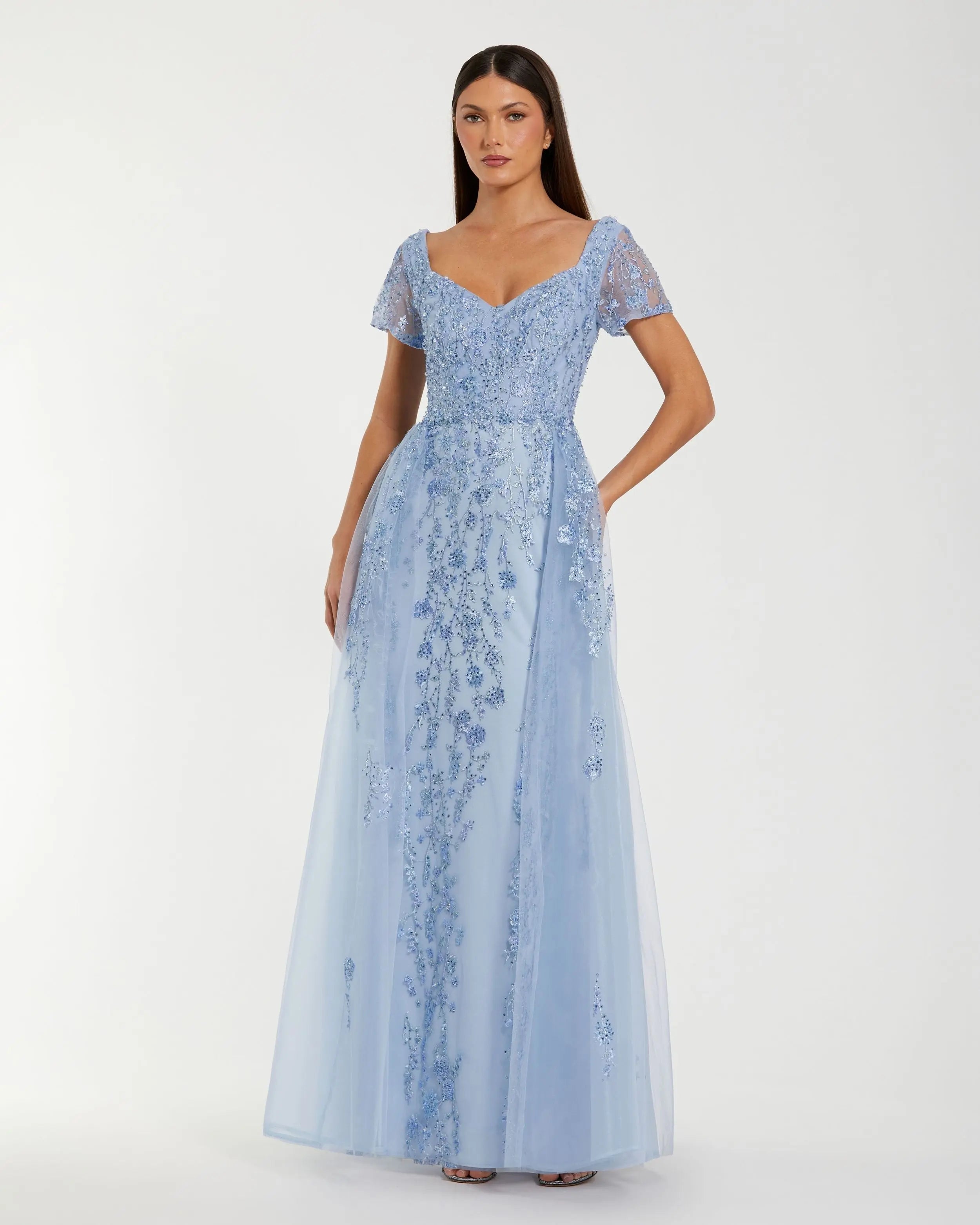 Blue Embroidered Beaded A-Line Gown with Overskirt-Myartka
