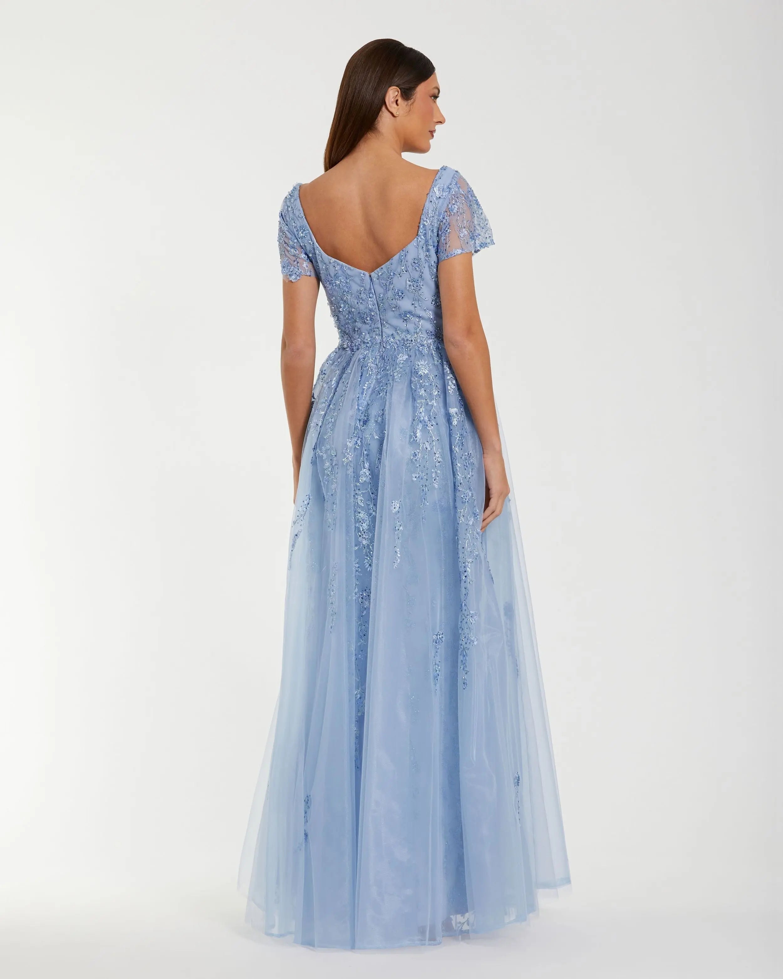 Blue Embroidered Beaded A-Line Gown with Overskirt-Myartka