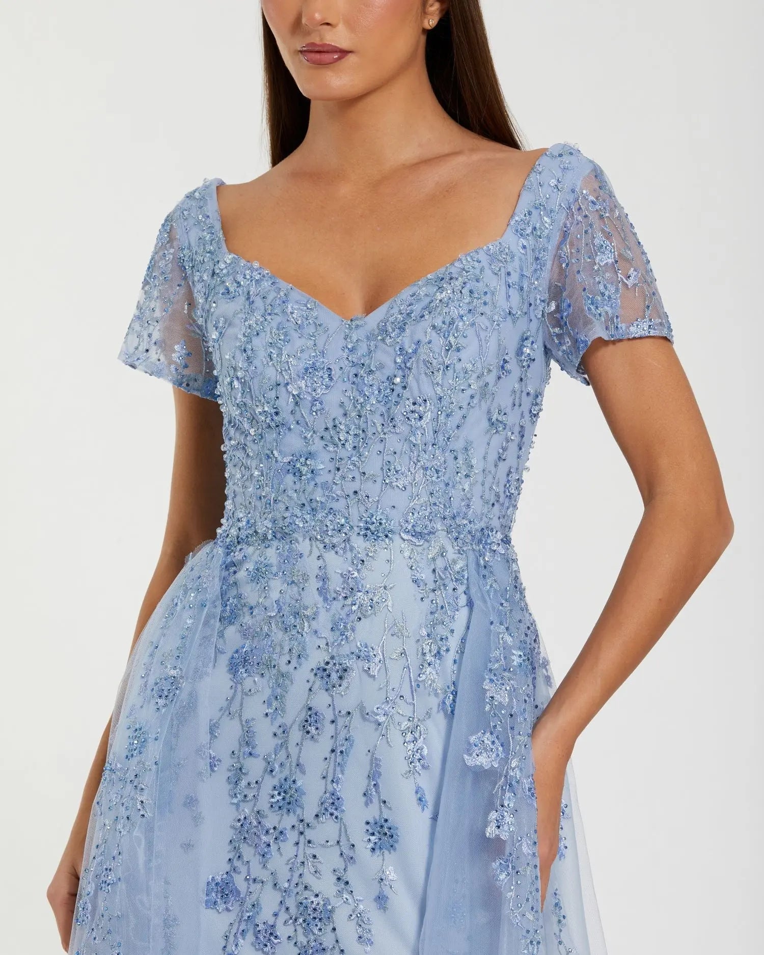 Blue Embroidered Beaded A-Line Gown with Overskirt-Myartka
