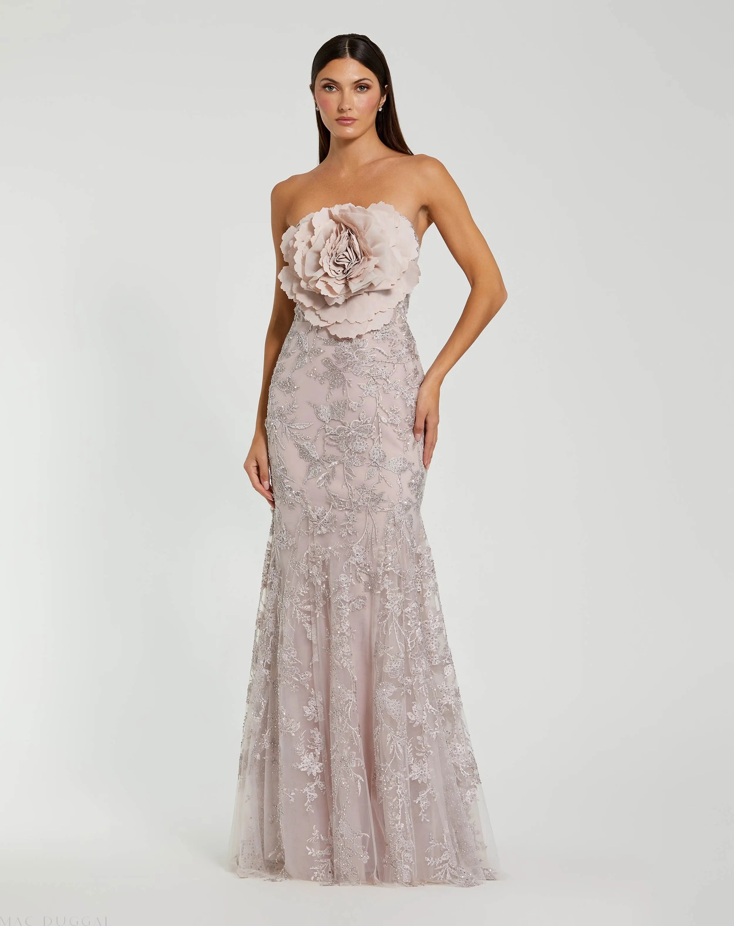 Pink Strapless Lace Embellished Trumpet Gown With 3D Flower-Myartka