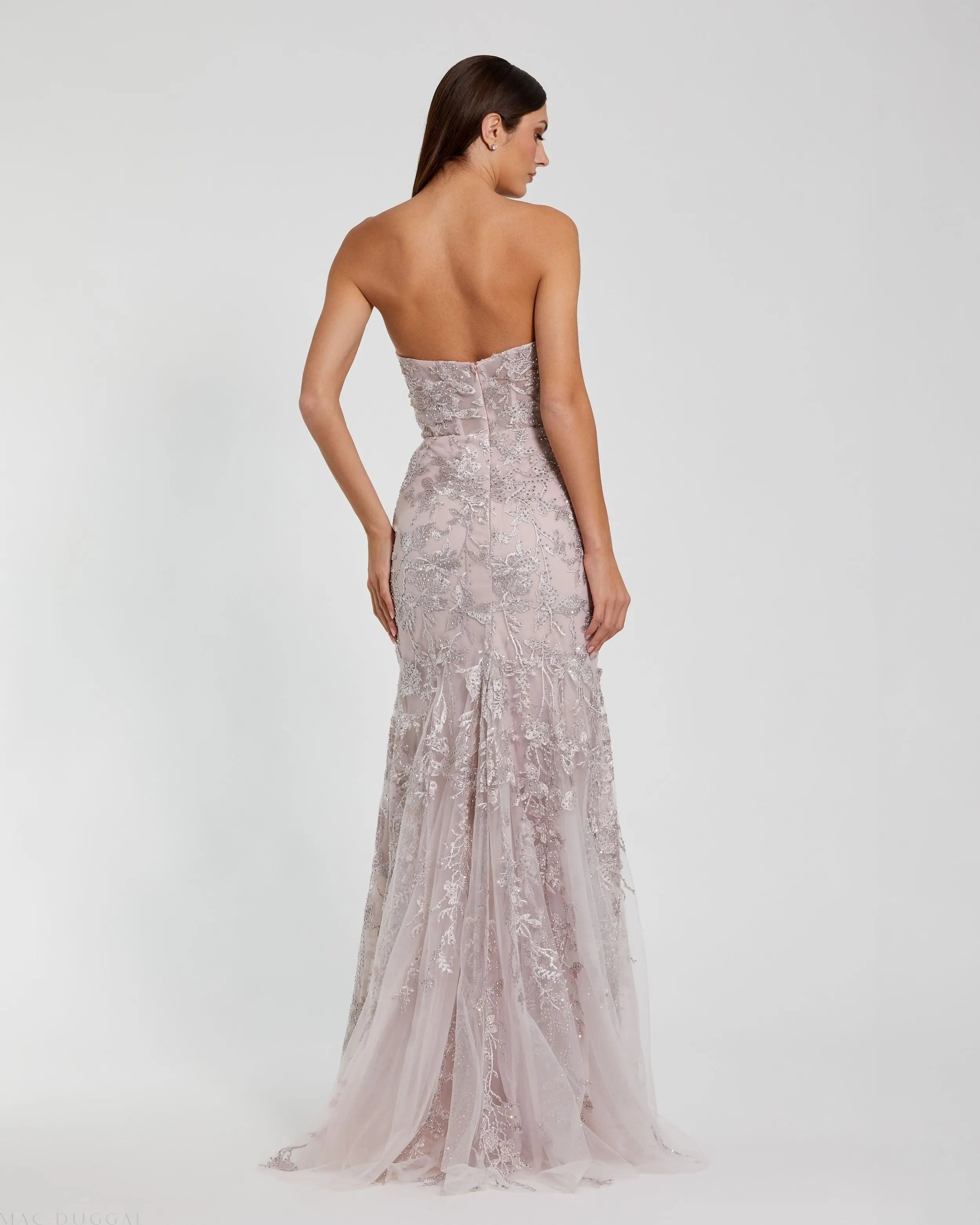 Pink Strapless Lace Embellished Trumpet Gown With 3D Flower-Myartka