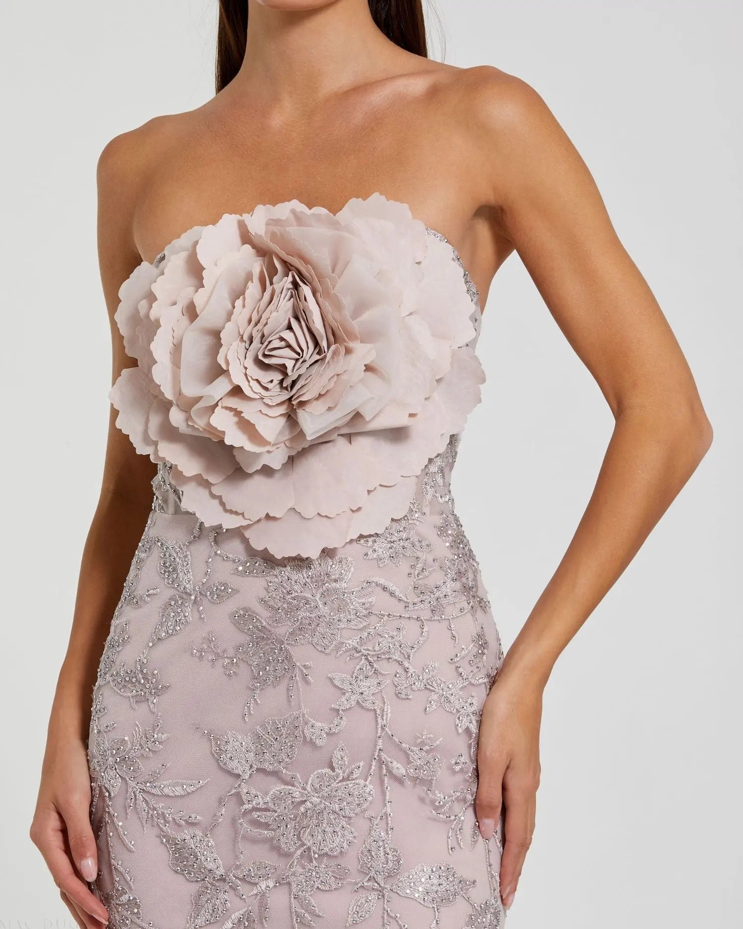 Pink Strapless Lace Embellished Trumpet Gown With 3D Flower-Myartka