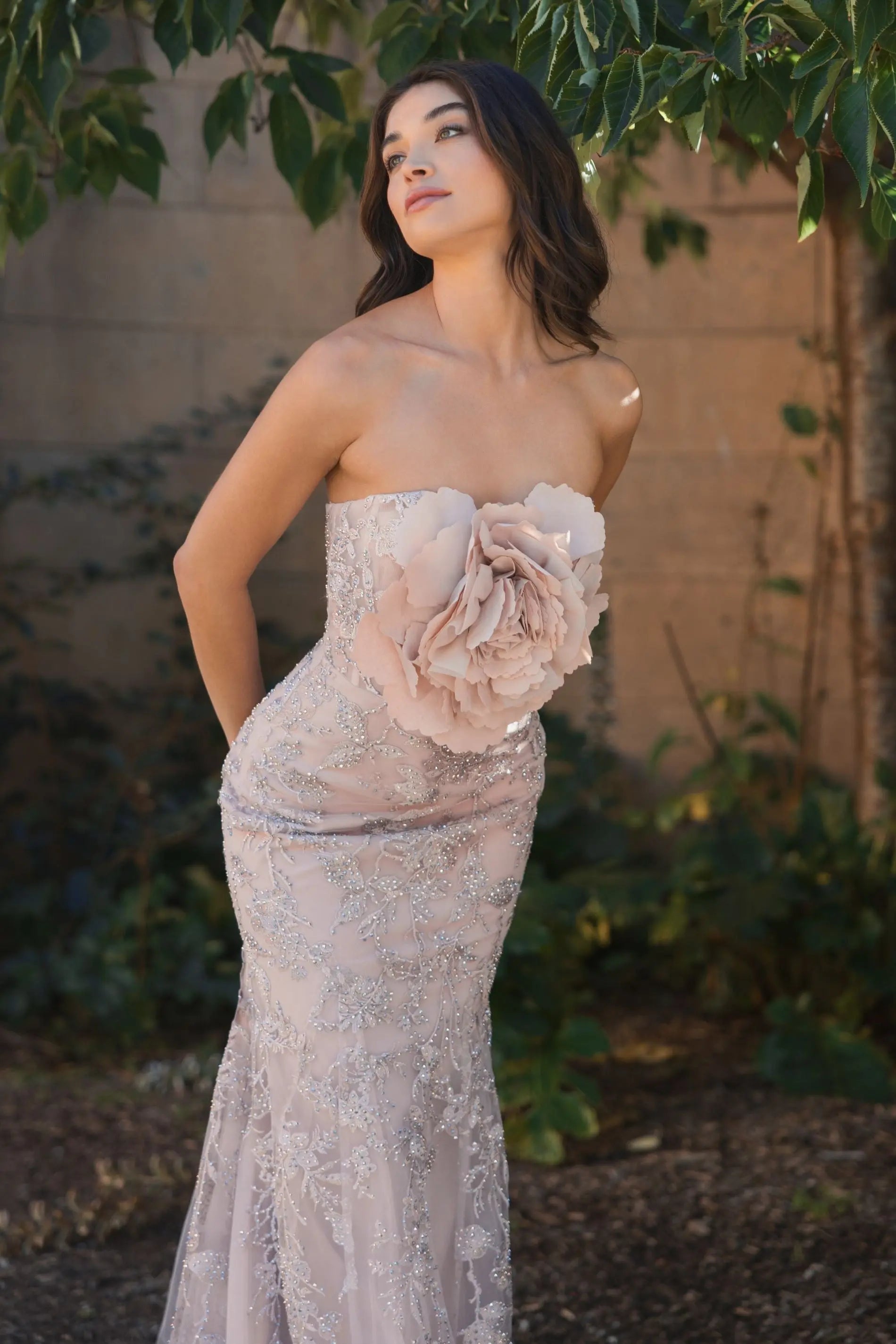 Pink Strapless Lace Embellished Trumpet Gown With 3D Flower-Myartka