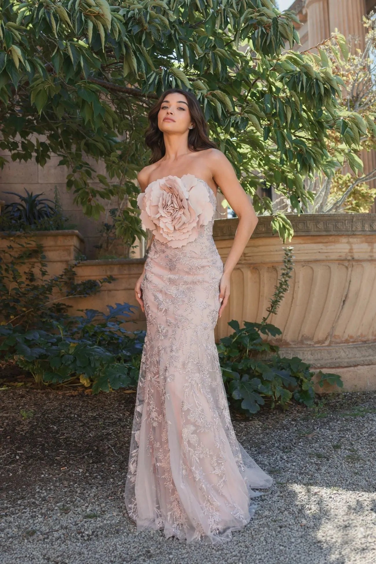 Pink Strapless Lace Embellished Trumpet Gown With 3D Flower-Myartka