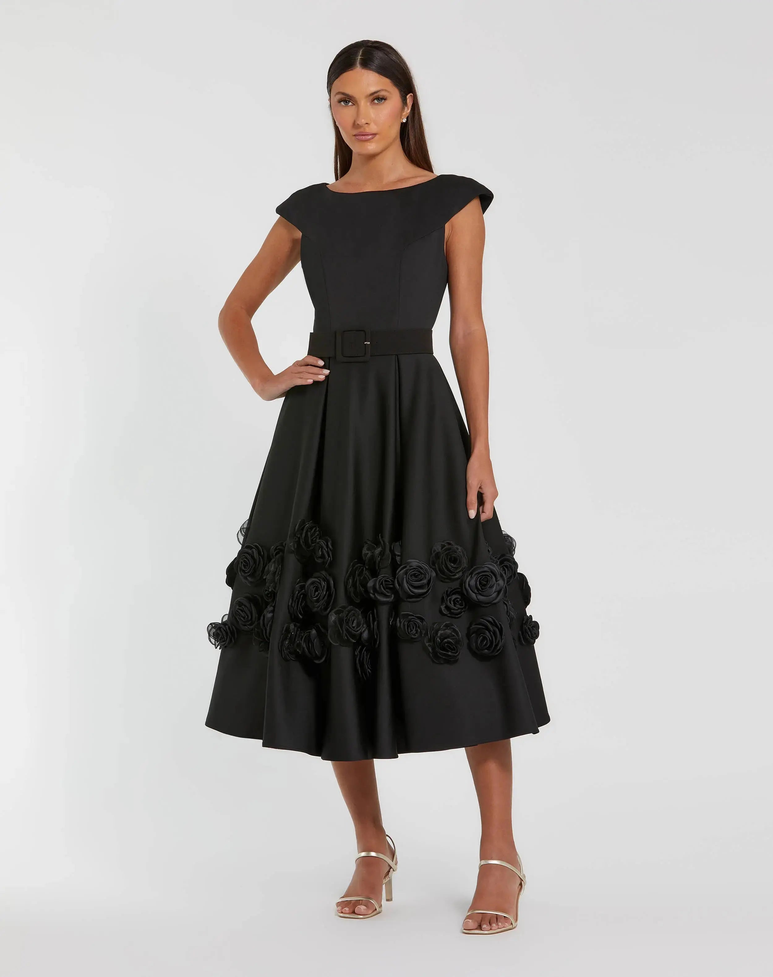 Black Satin Cap Sleeve Midi Dress With 3D Flowers-Myartka