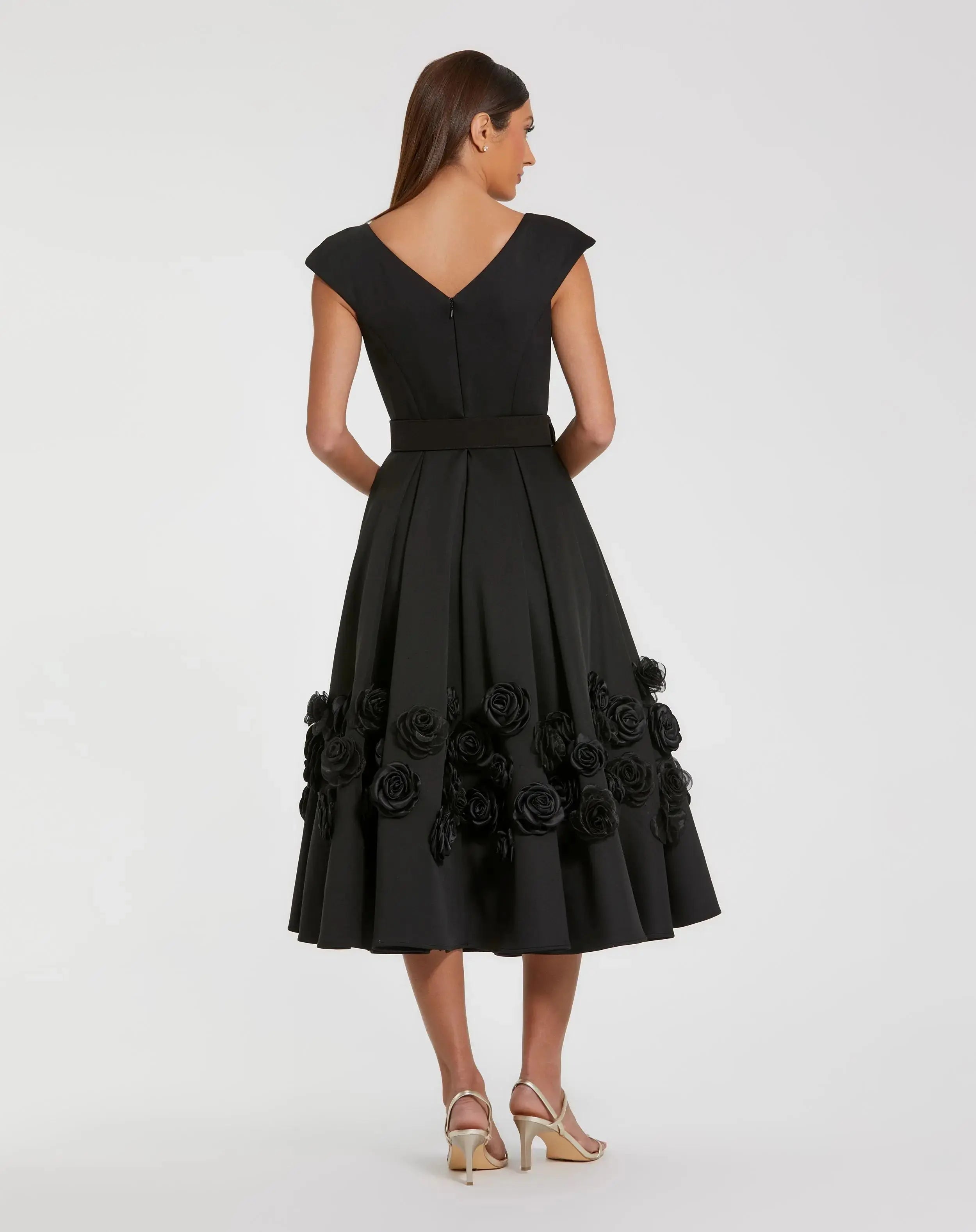 Black Satin Cap Sleeve Midi Dress With 3D Flowers-Myartka