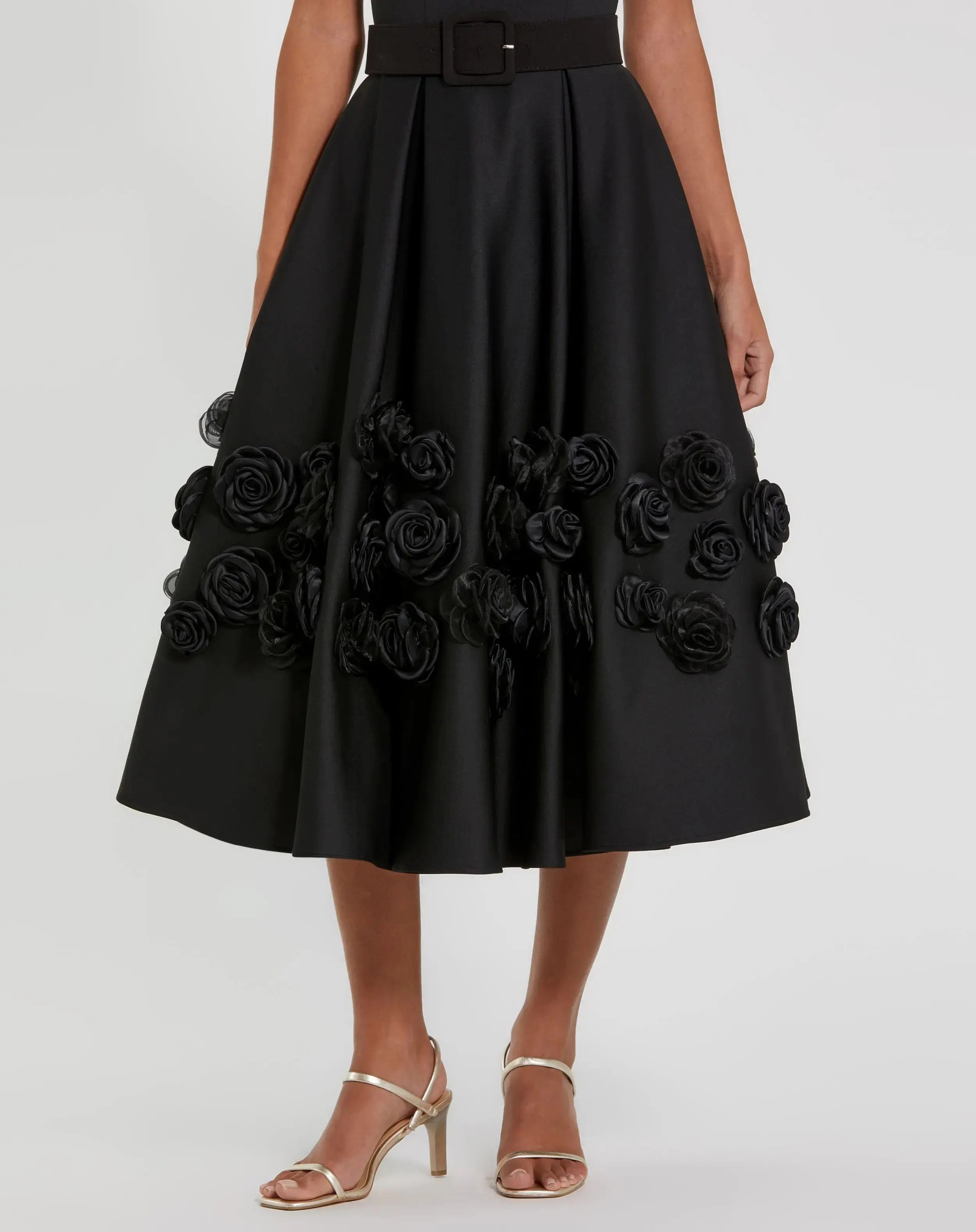 Black Satin Cap Sleeve Midi Dress With 3D Flowers-Myartka