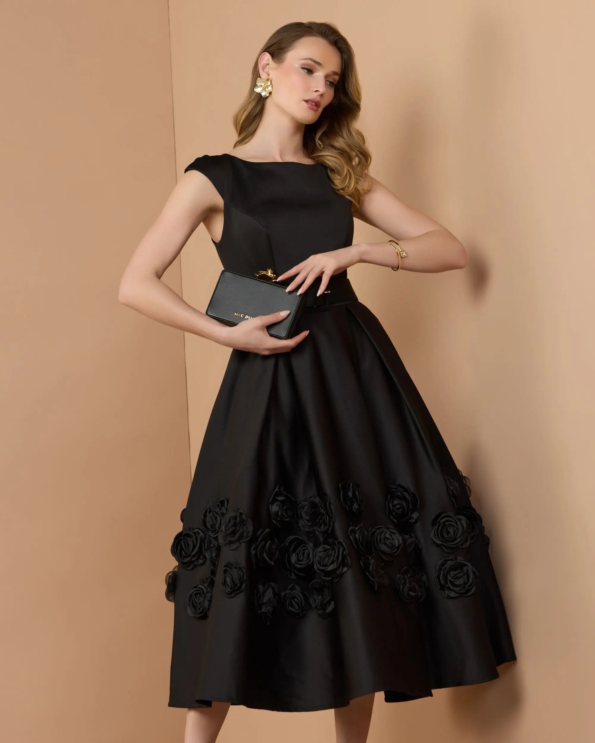 Black Satin Cap Sleeve Midi Dress With 3D Flowers-Myartka