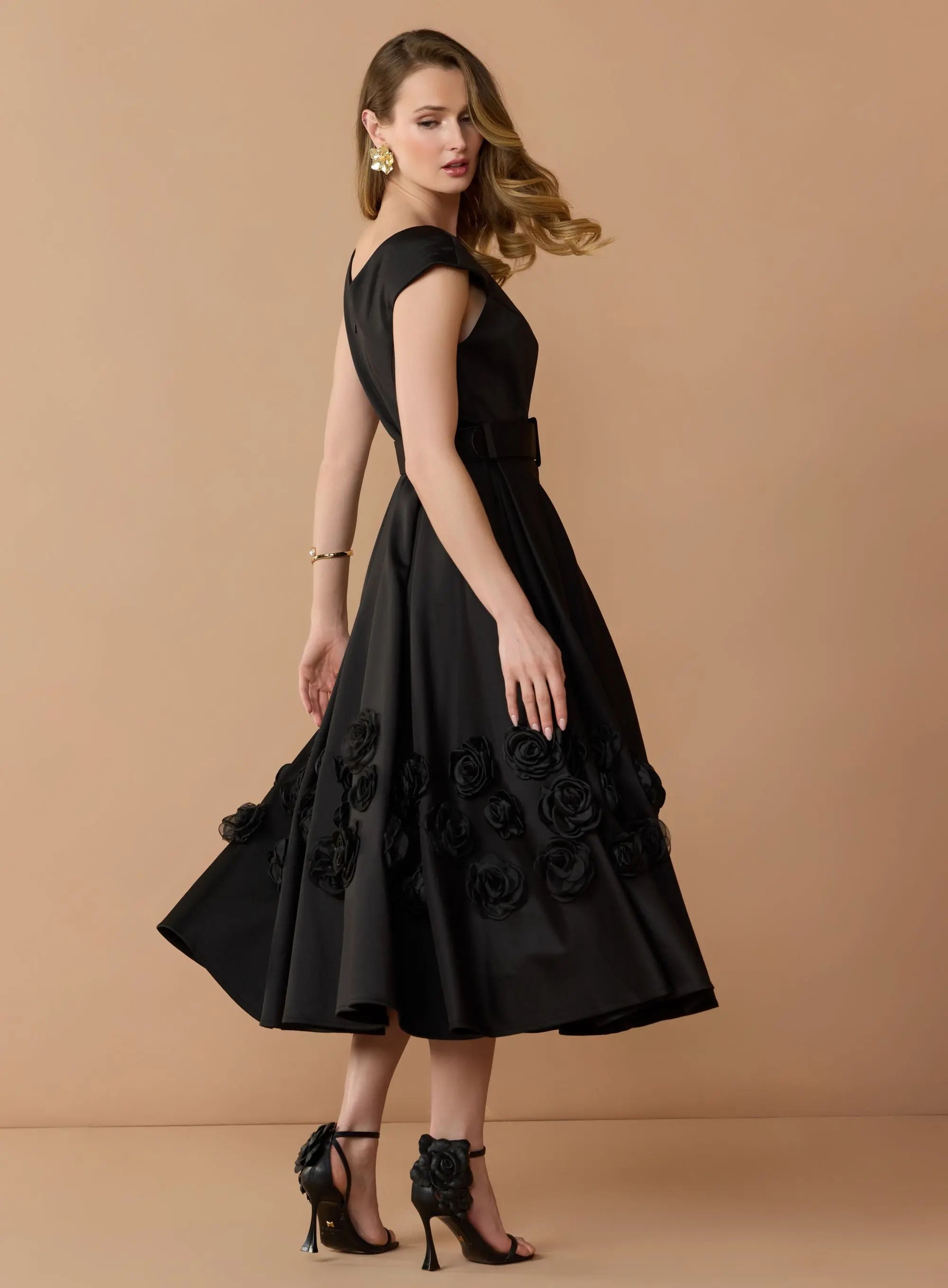 Black Satin Cap Sleeve Midi Dress With 3D Flowers-Myartka