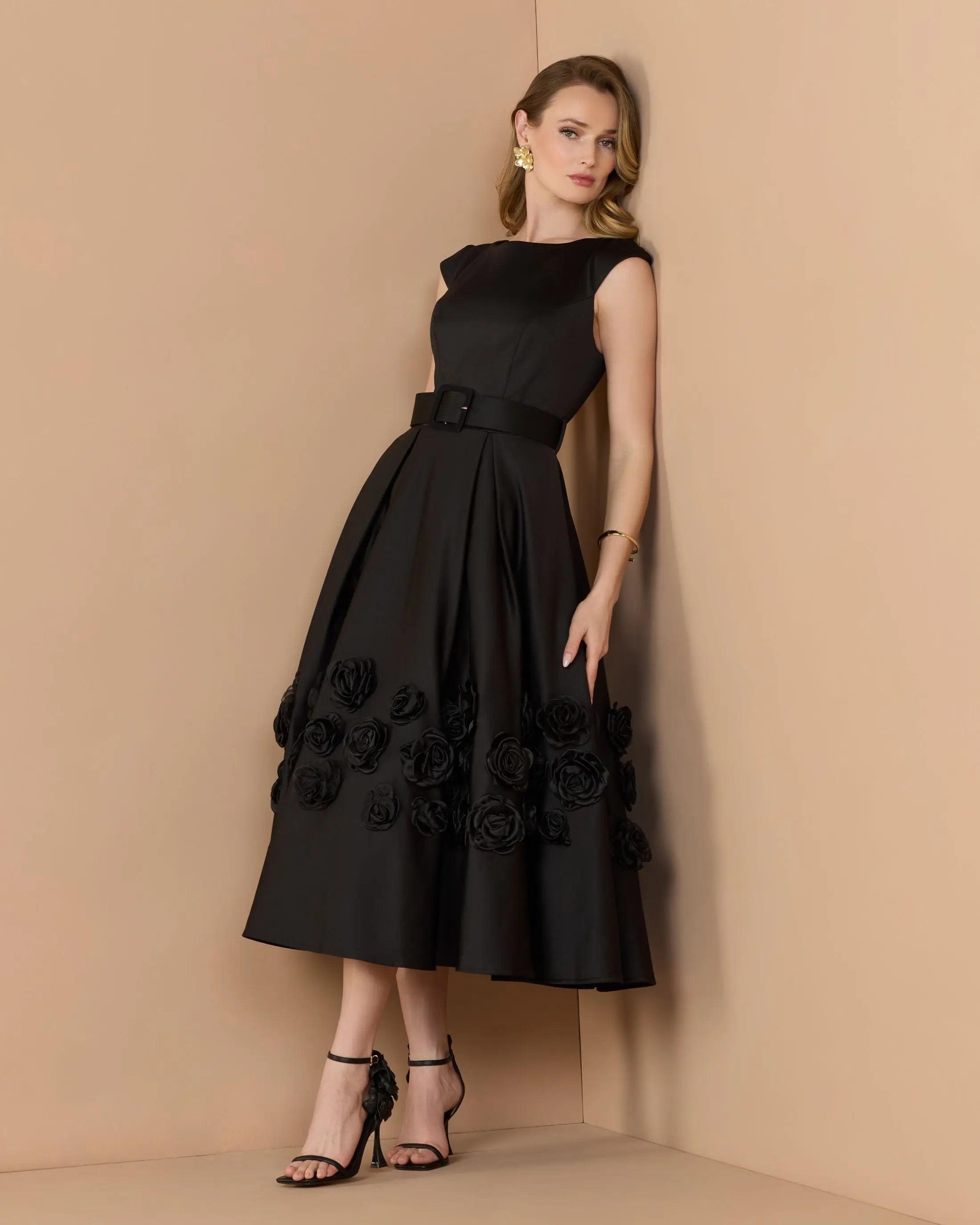Black Satin Cap Sleeve Midi Dress With 3D Flowers-Myartka