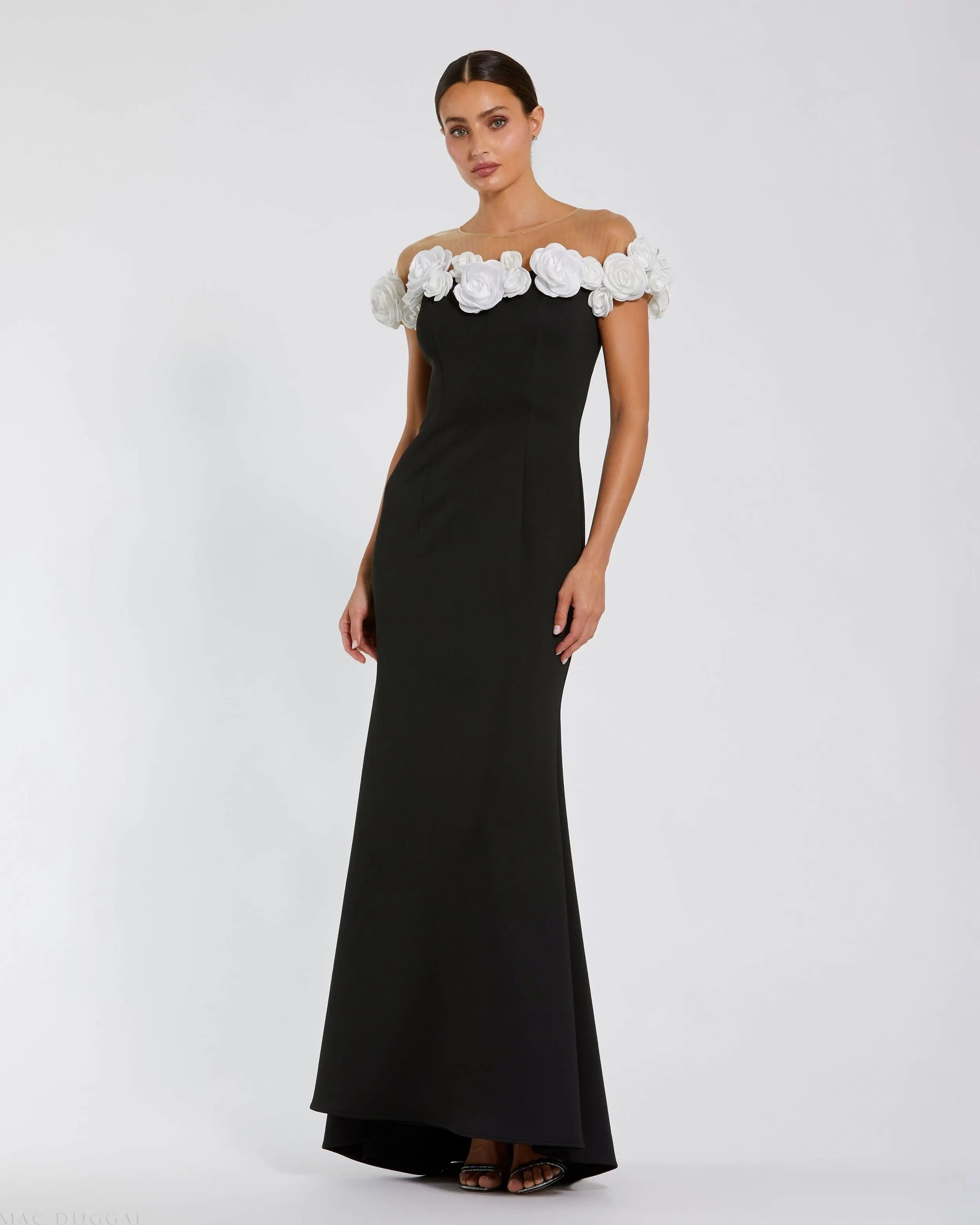 Black and White Stretch Crepe Mermaid Gown With 3D Flowers-Myartka