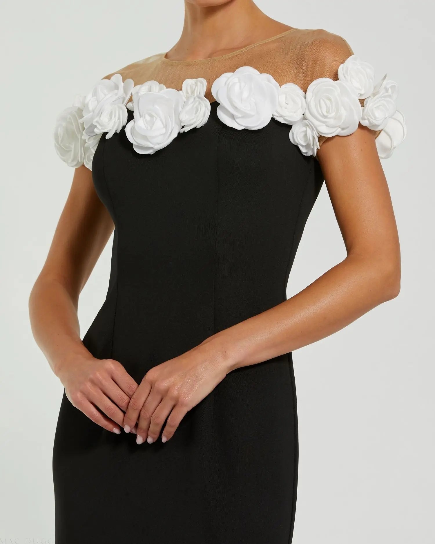 Black and White Stretch Crepe Mermaid Gown With 3D Flowers-Myartka