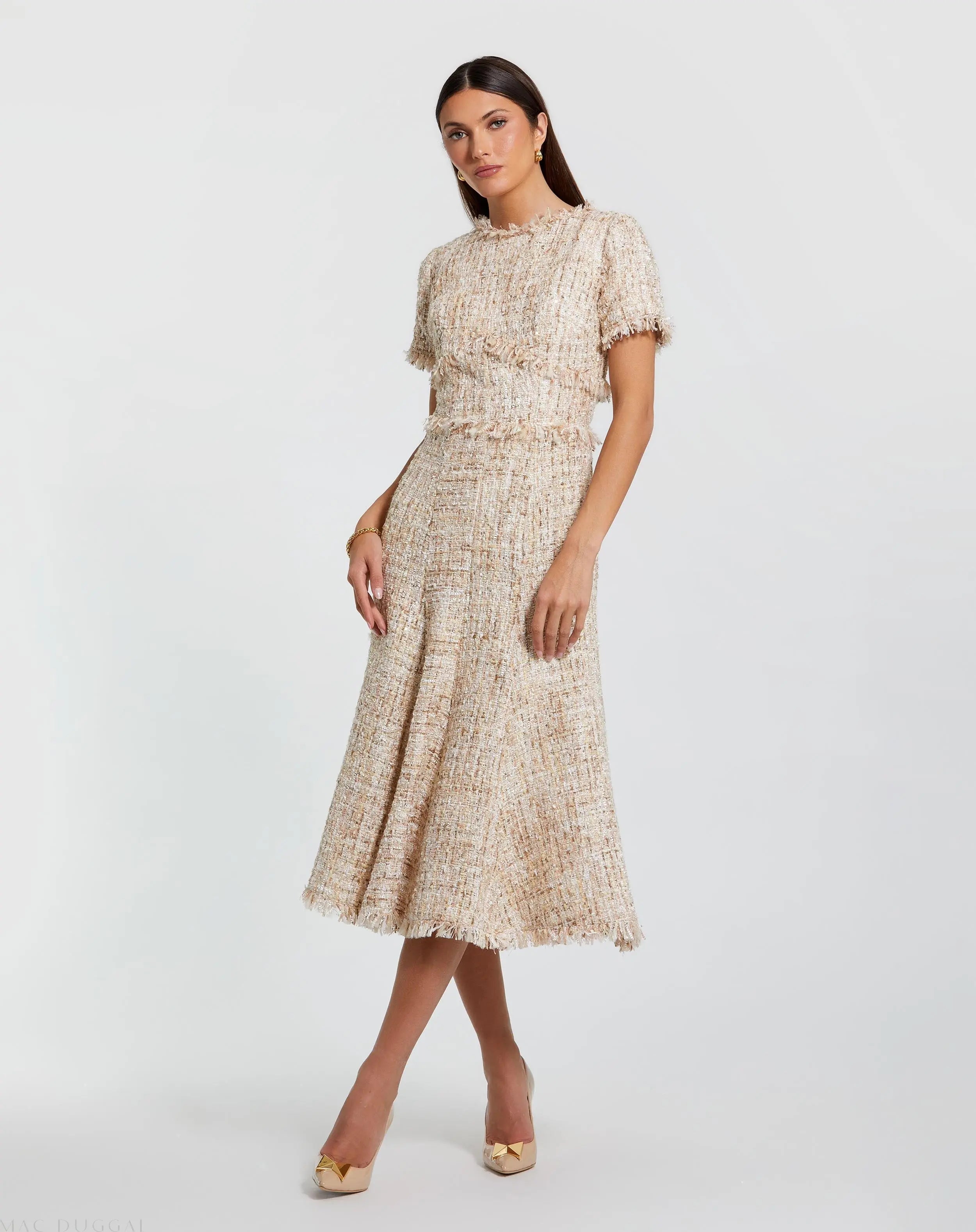 Beige Boucle Short Sleeve A Line Midi Dress-Myartka
