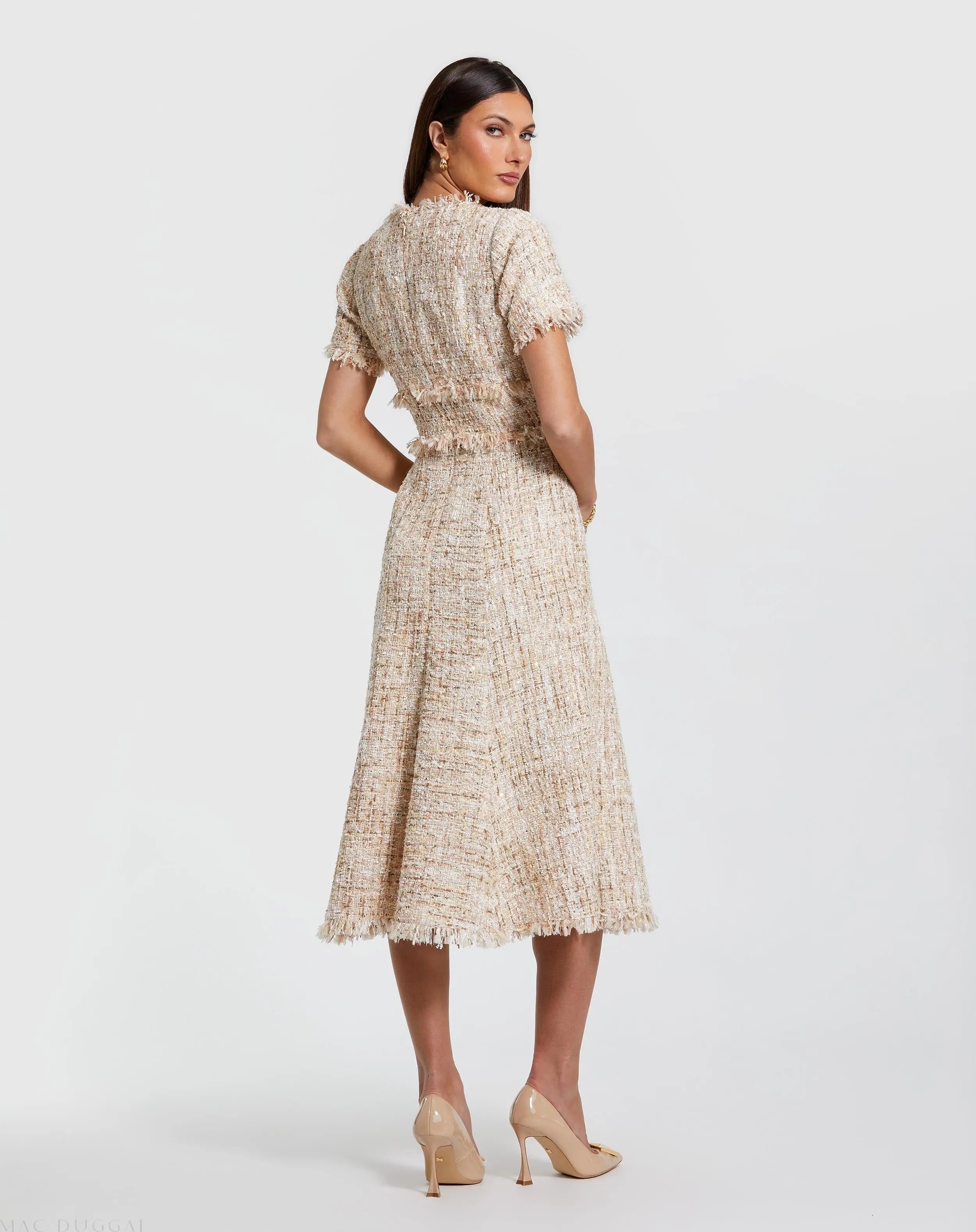 Beige Boucle Short Sleeve A Line Midi Dress-Myartka