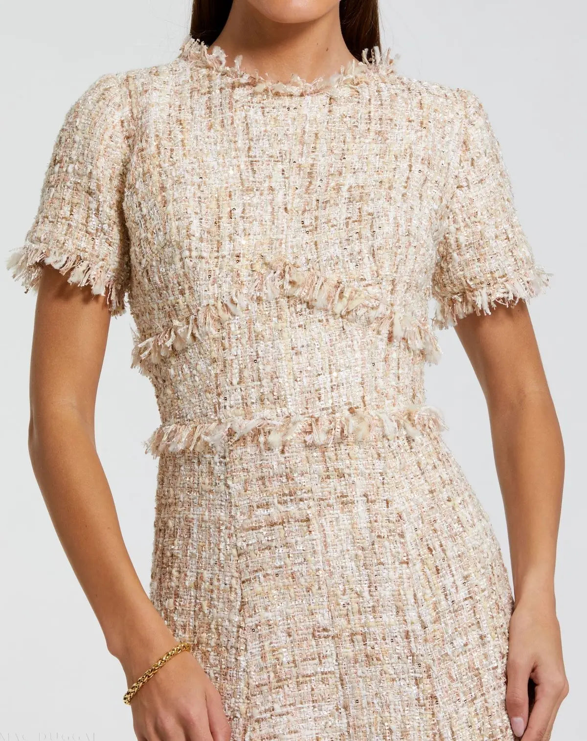 Beige Boucle Short Sleeve A Line Midi Dress-Myartka