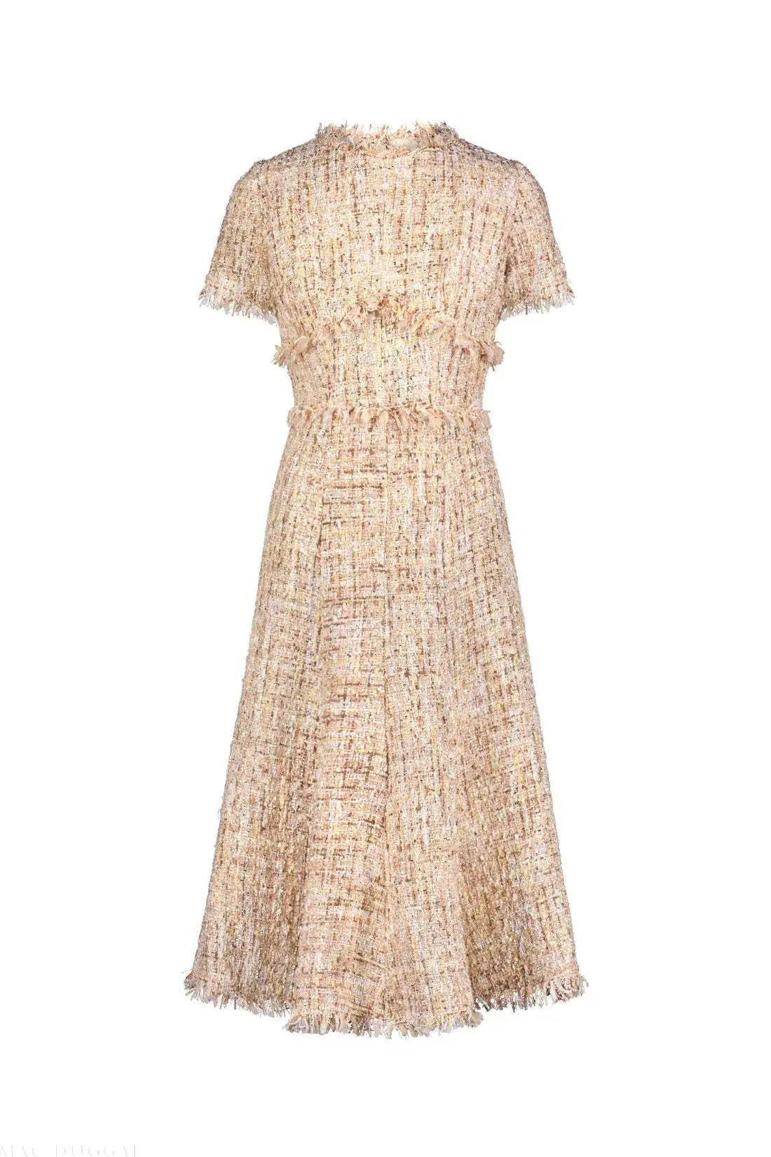 Beige Boucle Short Sleeve A Line Midi Dress-Myartka
