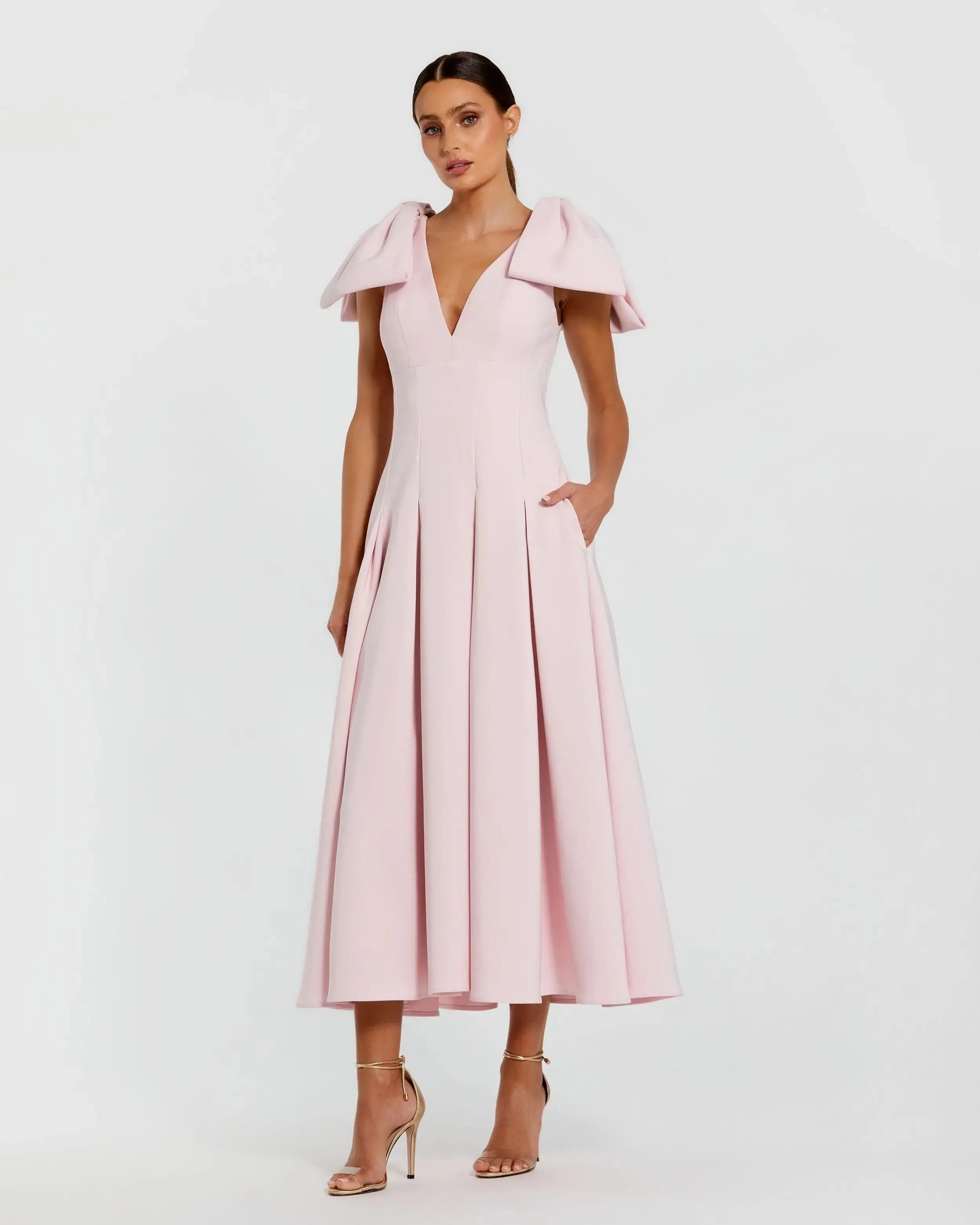Pink Crepe A Line Midi Dress With Bow Straps-Myartka