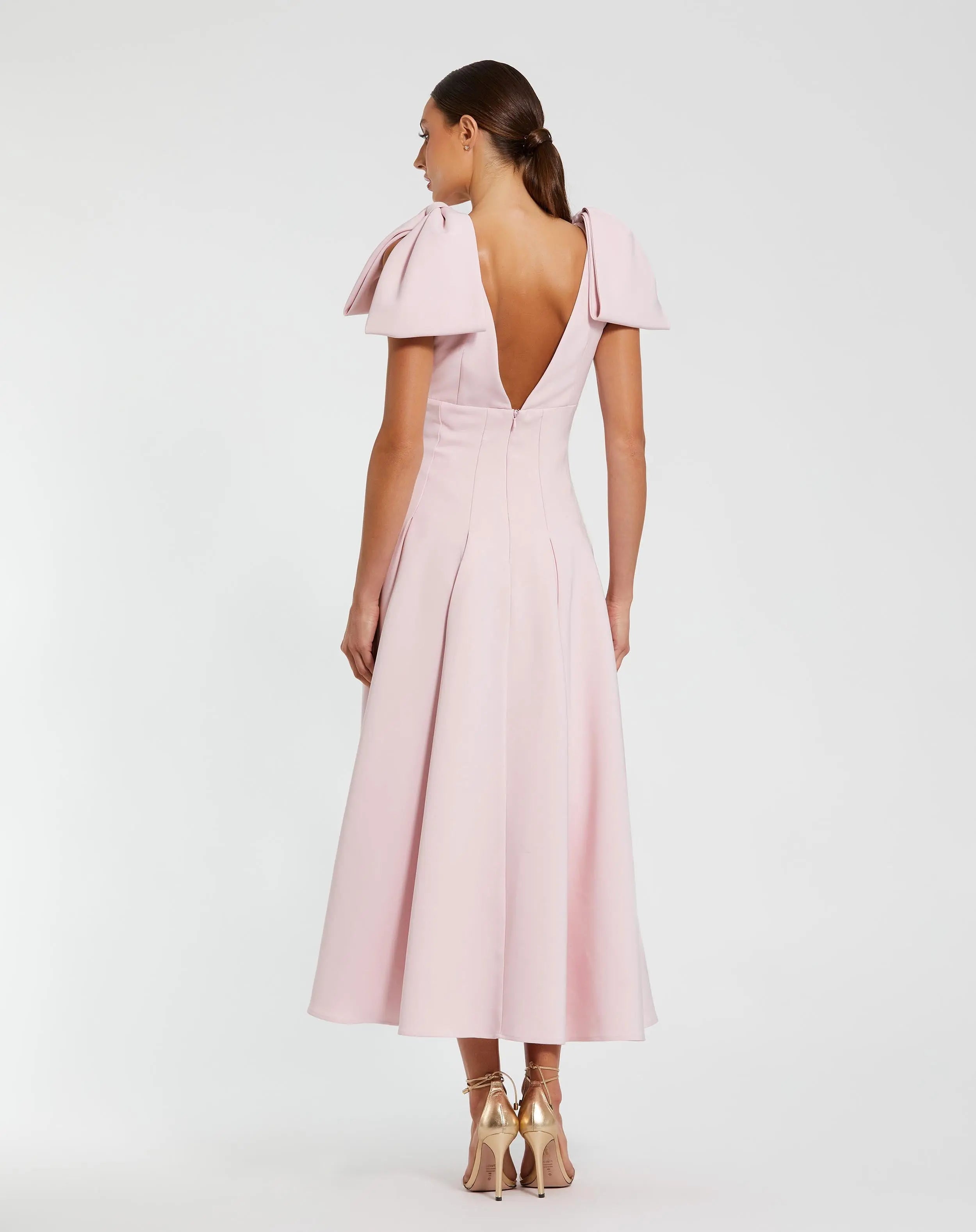 Pink Crepe A Line Midi Dress With Bow Straps-Myartka