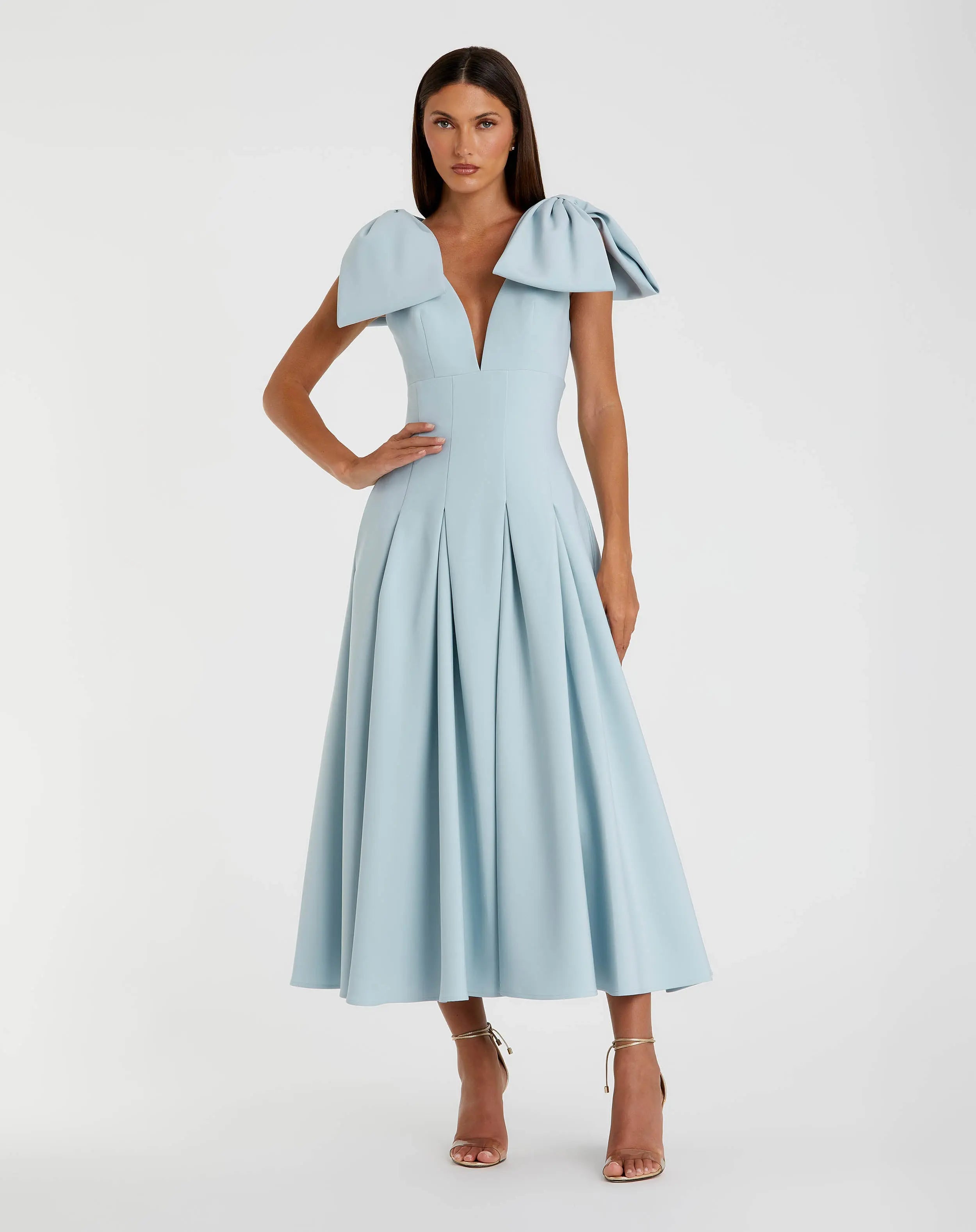 Blue Crepe A Line Midi Dress With Bow Straps-Myartka