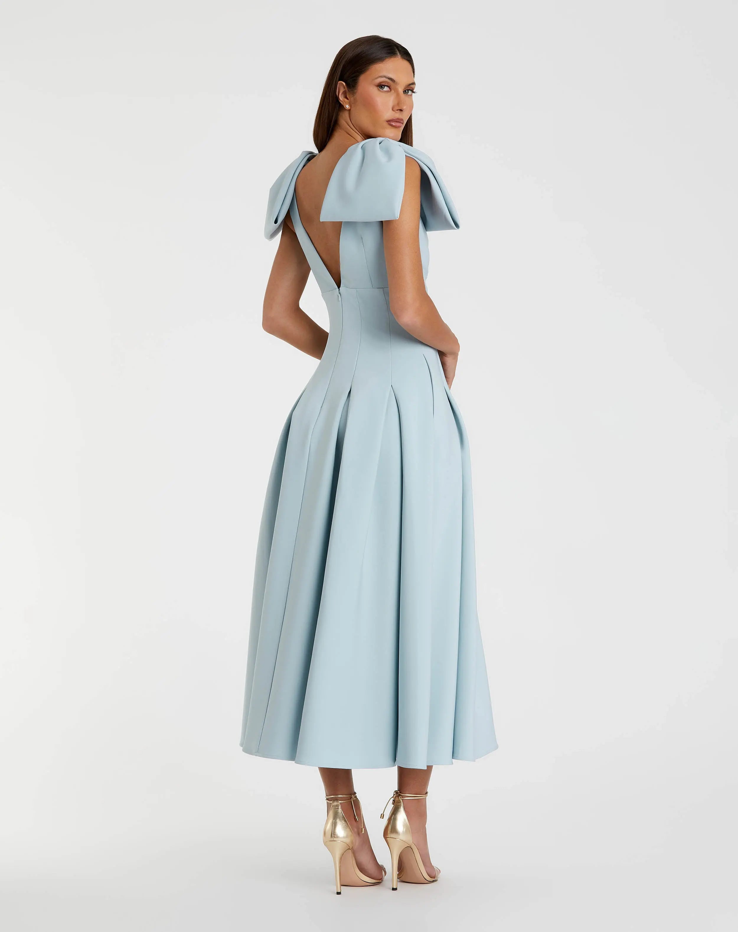 Blue Crepe A Line Midi Dress With Bow Straps-Myartka